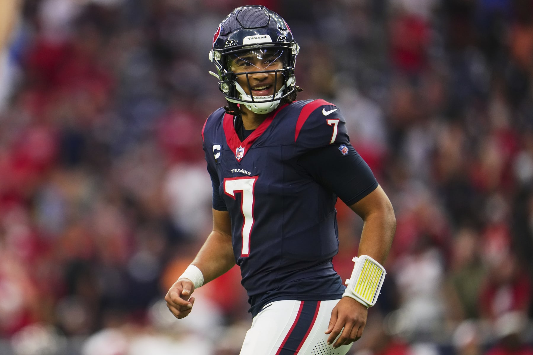 HOUSTON, TX - NOVEMBER 05: C.J. Stroud #7 of the Houston Texans celebrates after scoring a touchdown against the Tampa Bay Buccaneers during the second half at NRG Stadium on November 5, 2023 in Houston, Texas. (Photo by Cooper Neill/Getty Images)