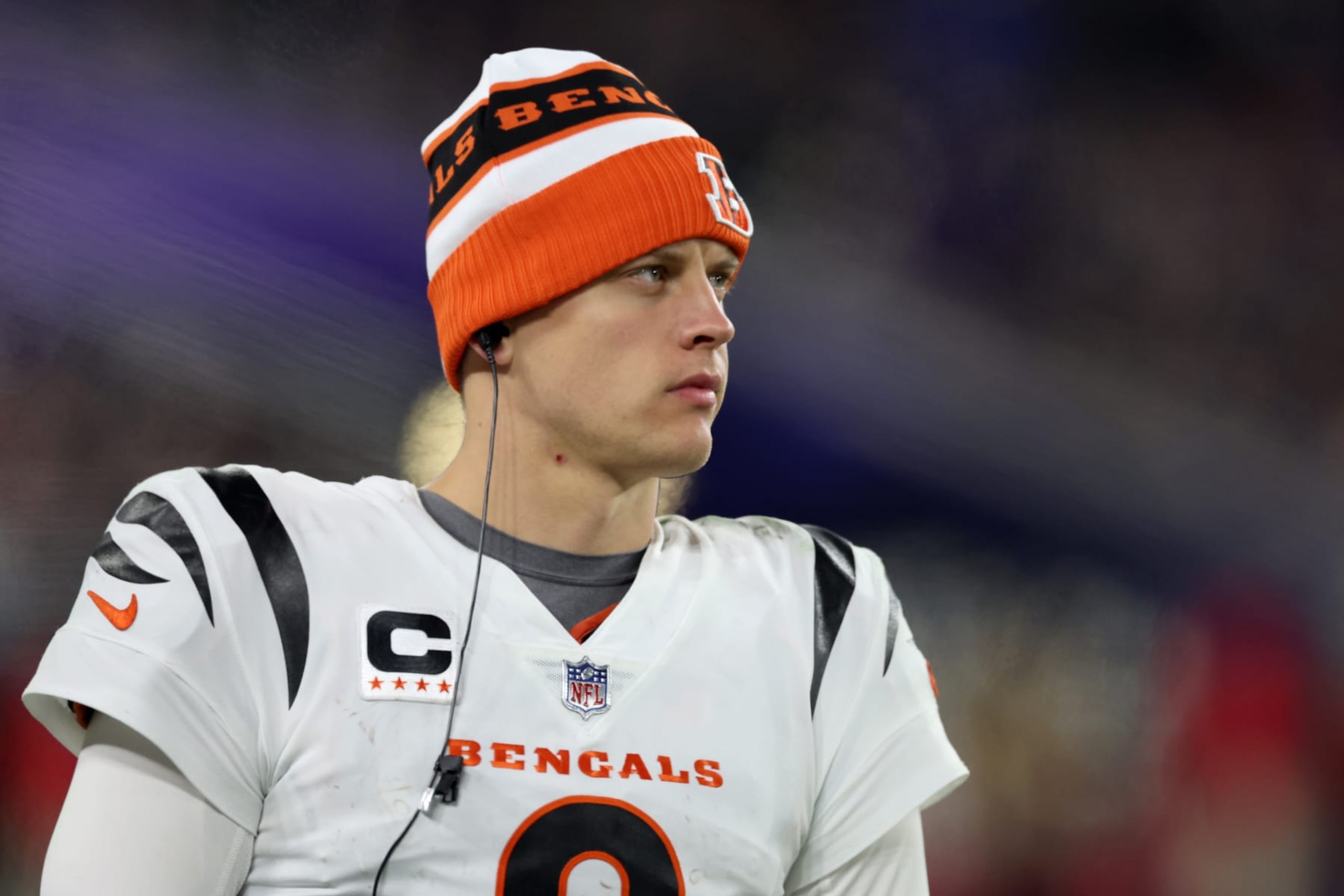 BALTIMORE, MARYLAND - NOVEMBER 16: Joe Burrow #9 of the Cincinnati Bengals looks on from the sidelines against the Baltimore Ravens during the fourth quarter of the game at M&T Bank Stadium on November 16, 2023 in Baltimore, Maryland. (Photo by Rob Carr/Getty Images) BALTIMORE, MARYLAND - NOVEMBER 16: Joe Burrow #9 of the Cincinnati Bengals looks on from the sidelines against the Baltimore Ravens during the fourth quarter of the game at M&T Bank Stadium on November 16, 2023 in Baltimore, Maryland. (Photo by Rob Carr/Getty Images)