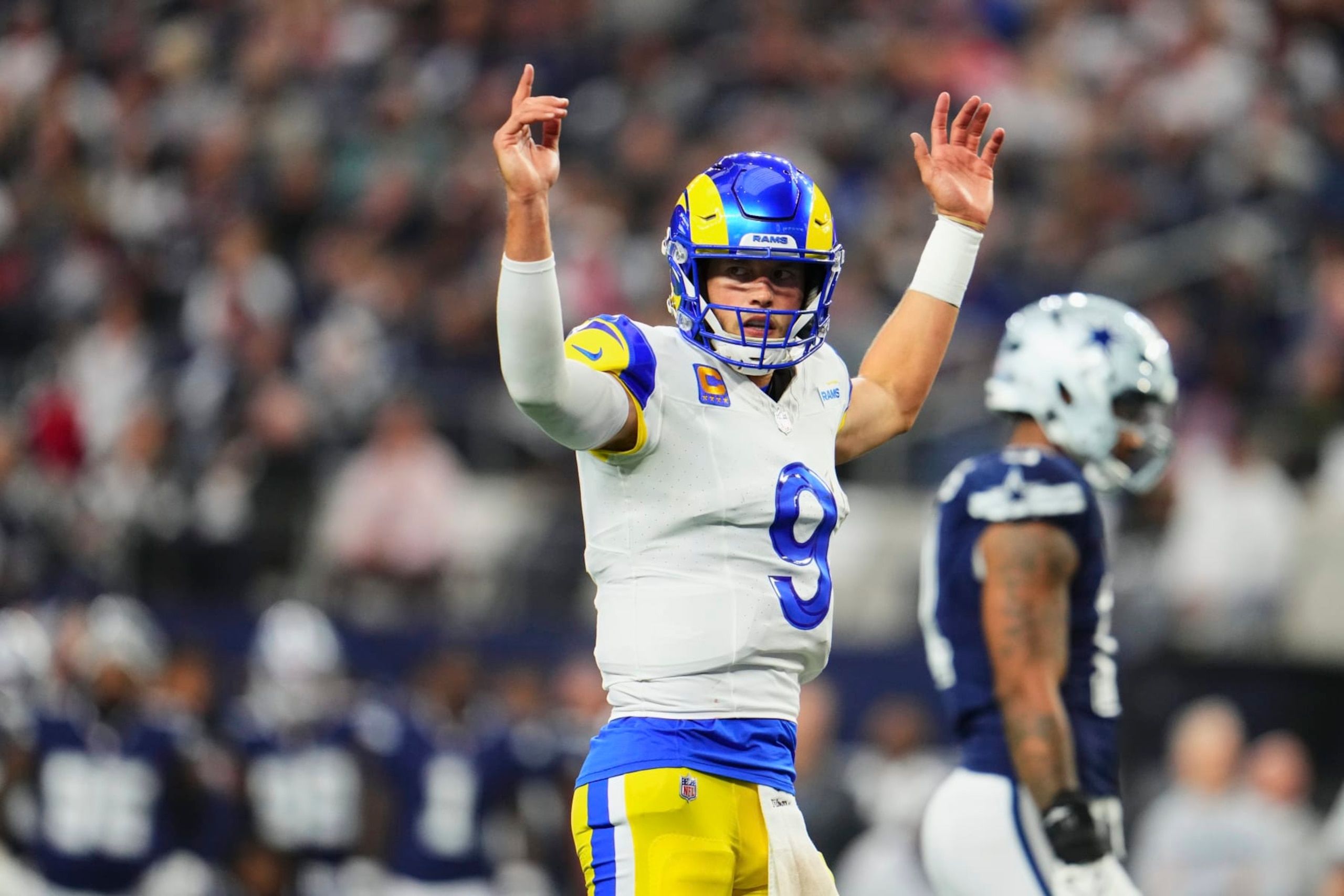 ARLINGTON, TX - OCTOBER 29: Matthew Stafford #9 of the Los Angeles Rams celebrates after scoring a touchdown against the Dallas Cowboys at AT&T Stadium on October 29, 2023 during the first half in Arlington, Texas. (Photo by Cooper Neill/Getty Images) ARLINGTON, TX - OCTOBER 29: Matthew Stafford #9 of the Los Angeles Rams celebrates after scoring a touchdown against the Dallas Cowboys at AT&T Stadium on October 29, 2023 during the first half in Arlington, Texas. (Photo by Cooper Neill/Getty Images)