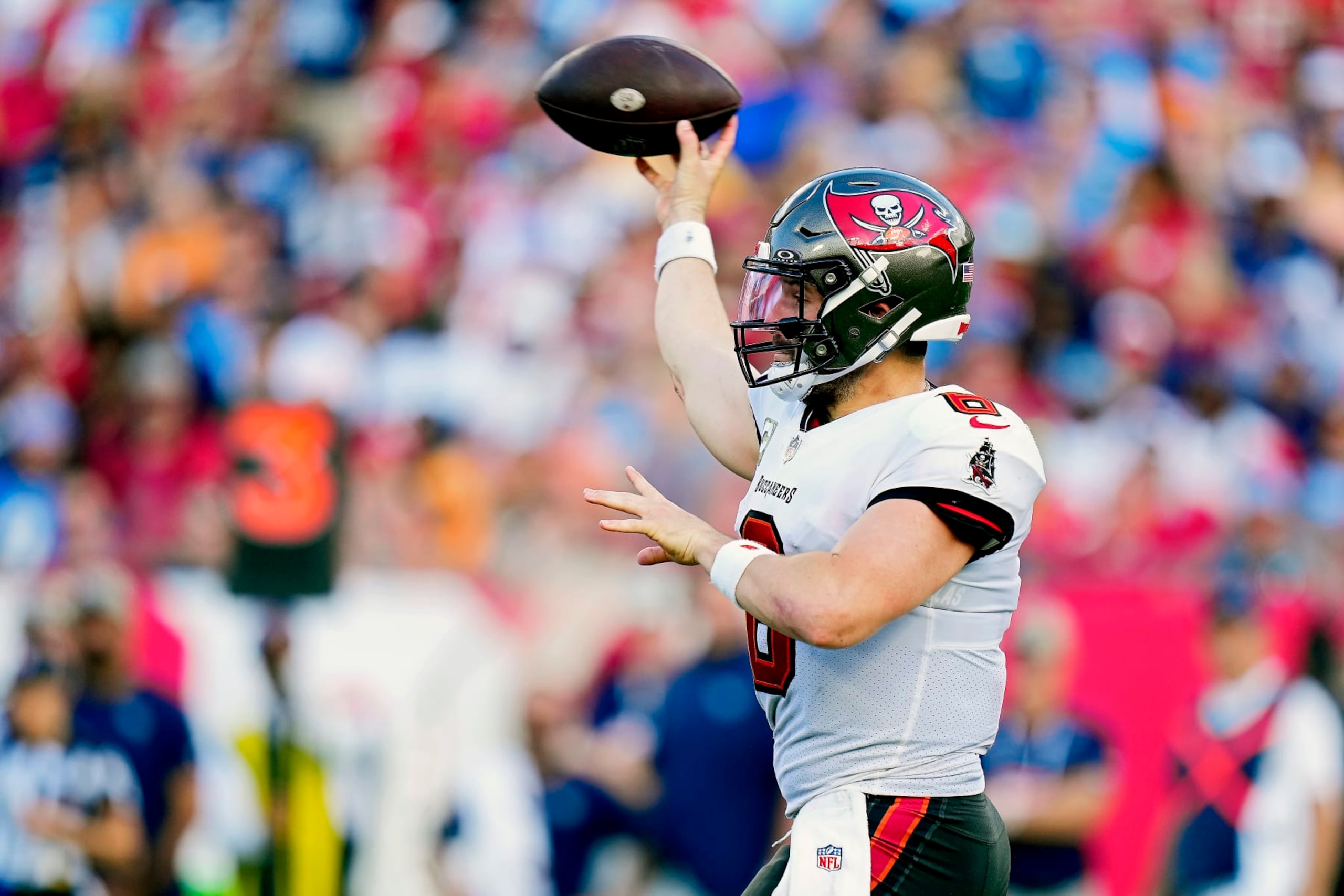TAMPA, FLORIDA - NOVEMBER 12: Baker Mayfield #6 of the Tampa Bay Buccaneers attempts a pass during the third quarter against the Tennessee Titans at Raymond James Stadium on November 12, 2023 in Tampa, Florida. (Photo by Rich Storry/Getty Images) TAMPA, FLORIDA - NOVEMBER 12: Baker Mayfield #6 of the Tampa Bay Buccaneers attempts a pass during the third quarter against the Tennessee Titans at Raymond James Stadium on November 12, 2023 in Tampa, Florida. (Photo by Rich Storry/Getty Images)