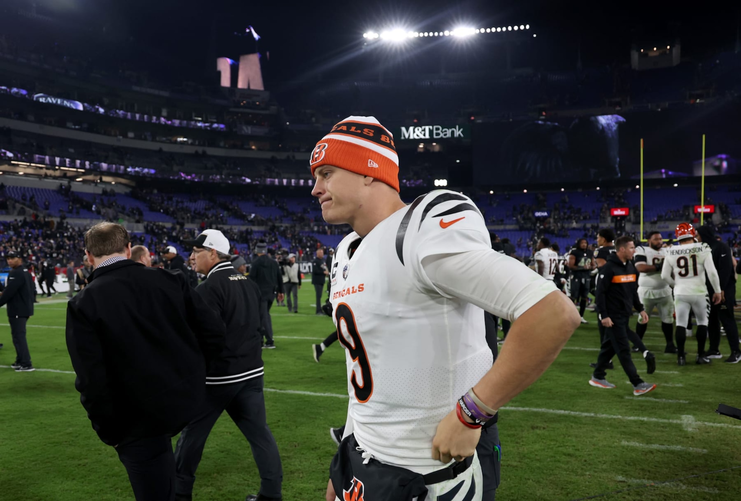 BALTIMORE, MARYLAND - NOVEMBER 16: Joe Burrow #9 of the Cincinnati Bengals reacts after being defeated by the Baltimore Ravens in the game at M&T Bank Stadium on November 16, 2023 in Baltimore, Maryland. (Photo by Rob Carr/Getty Images)
