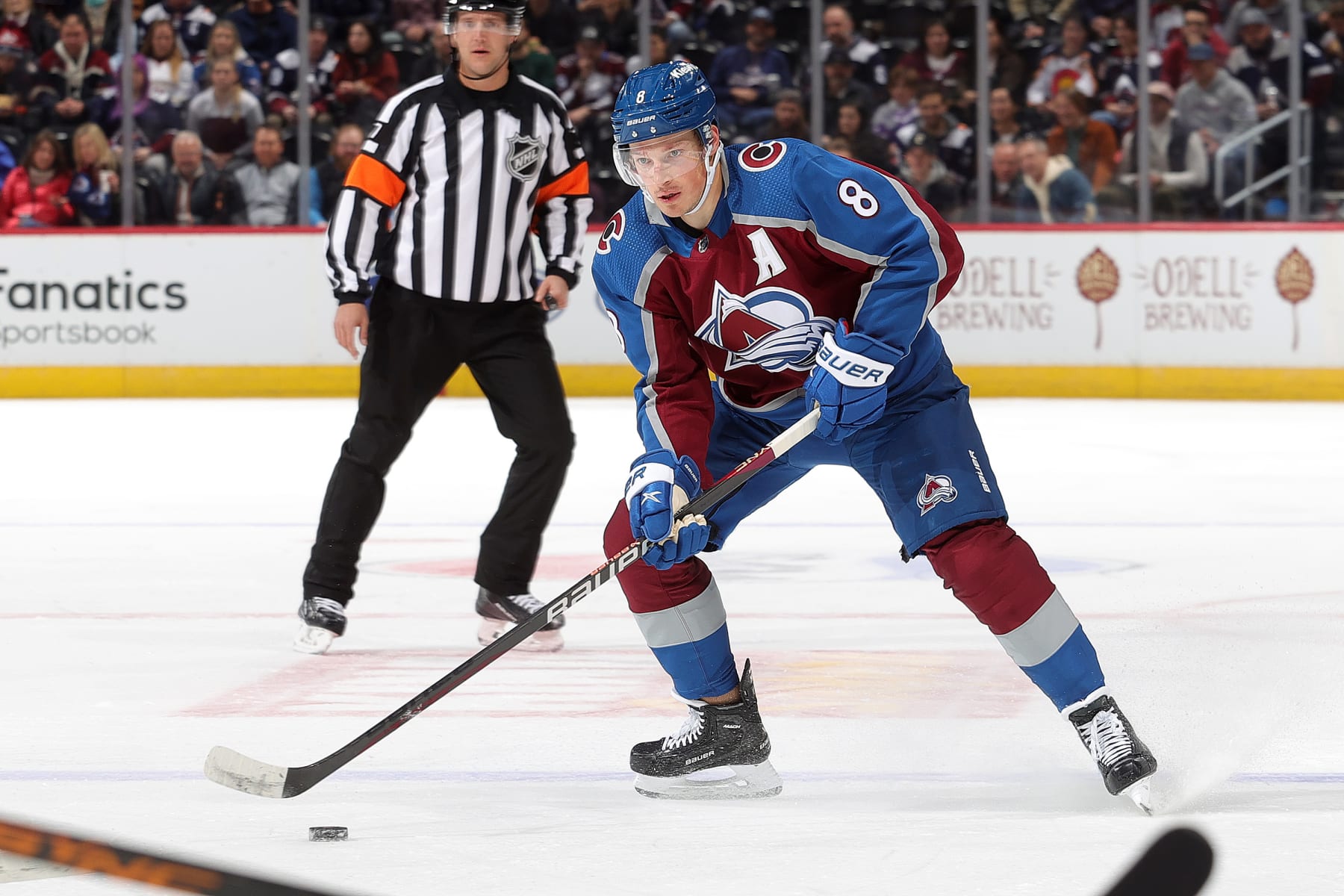 DENVER, COLORADO - NOVEMBER 15: Cale Makar #8 of the Colorado Avalanche skates against the Anaheim Ducks at Ball Arena on November 15, 2023 in Denver, Colorado. (Photo by Michael Martin/NHLI via Getty Images)
