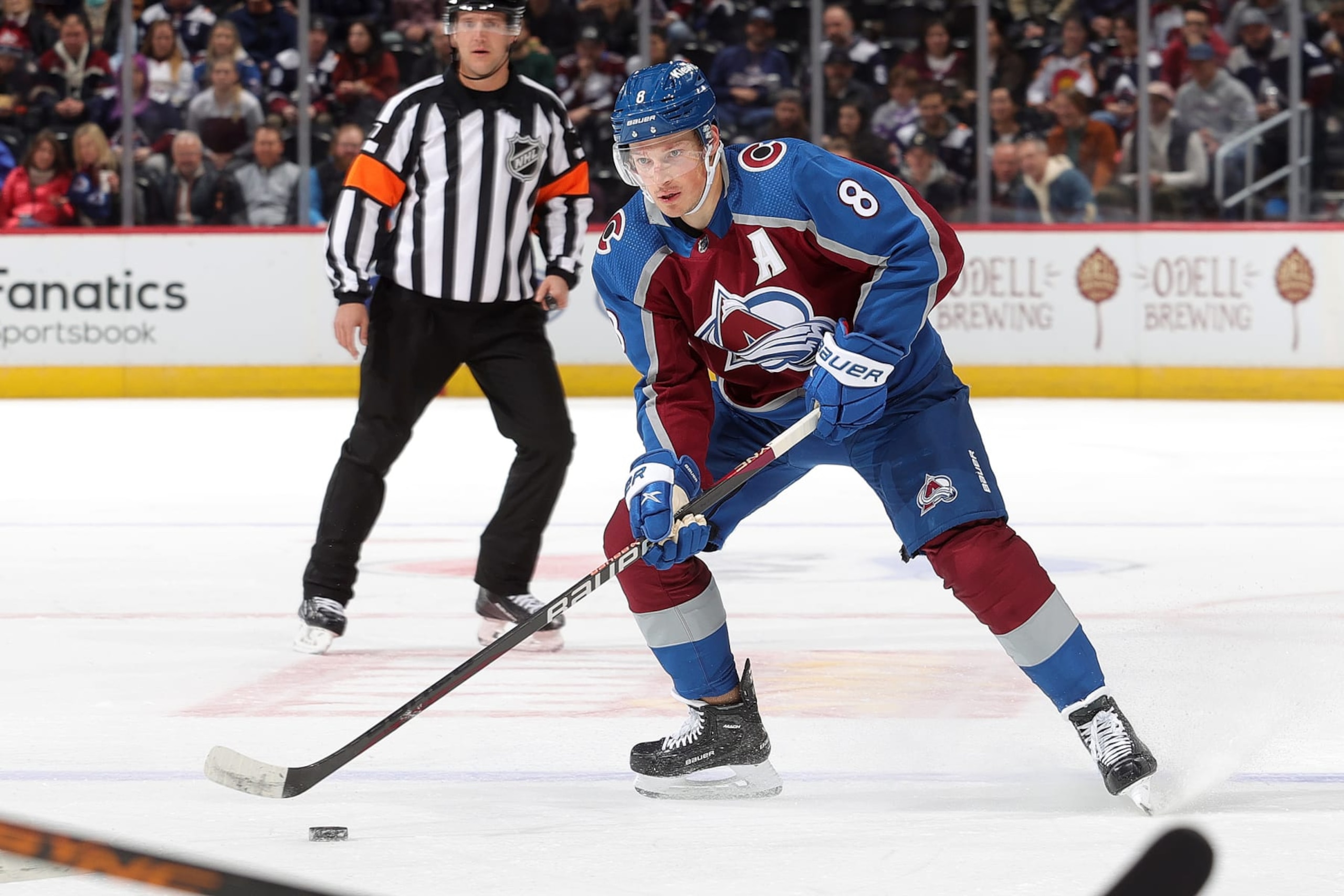 DENVER, COLORADO - NOVEMBER 15: Cale Makar #8 of the Colorado Avalanche skates against the Anaheim Ducks at Ball Arena on November 15, 2023 in Denver, Colorado. (Photo by Michael Martin/NHLI via Getty Images)