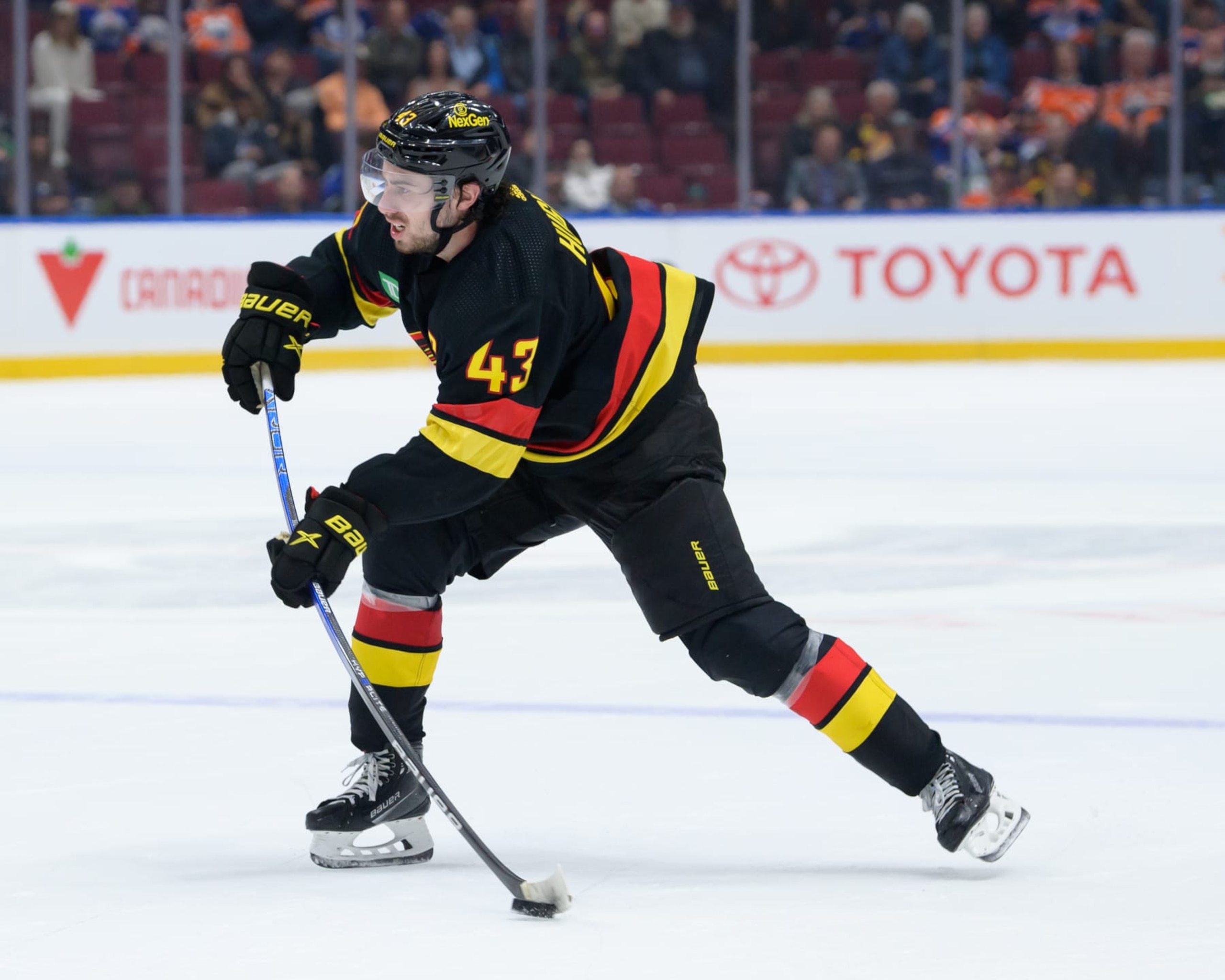 VANCOUVER, CANADA - NOVEMBER 6: Quinn Hughes #43 of the Vancouver Canucks takes a shot during the third period of their NHL game against the Edmonton Oilers at Rogers Arena on November 6, 2023 in Vancouver, British Columbia, Canada. (Photo by Derek Cain/Getty Images)