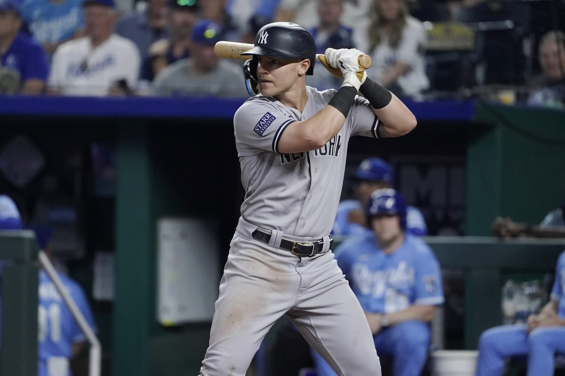 KANSAS CITY, MISSOURI - SEPTEMBER 30: Jake Bauers #61 of the New York Yankees bats against the Kansas City Royals at Kauffman Stadium on September 30, 2023 in Kansas City, Missouri. (Photo by Ed Zurga/Getty Images)