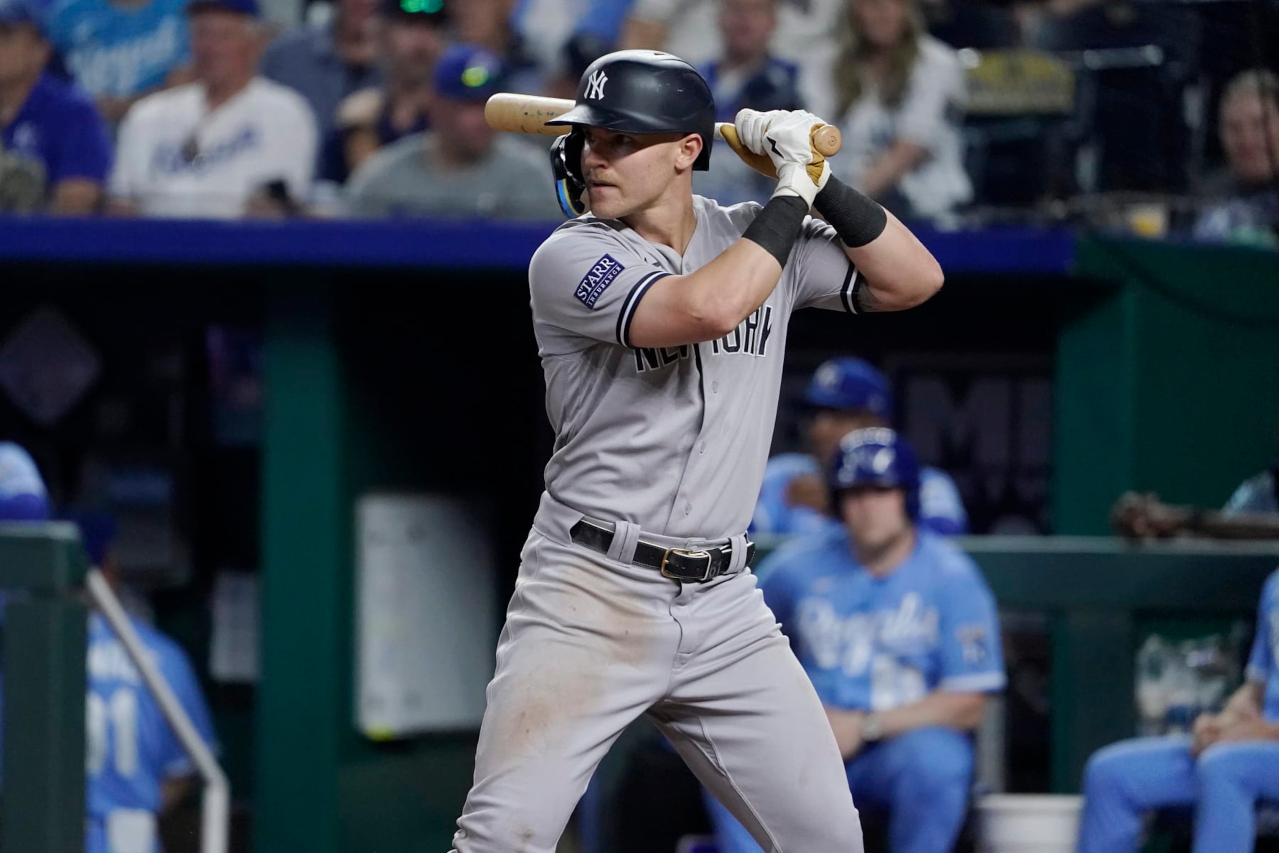 KANSAS CITY, MISSOURI - SEPTEMBER 30: Jake Bauers #61 of the New York Yankees bats against the Kansas City Royals at Kauffman Stadium on September 30, 2023 in Kansas City, Missouri. (Photo by Ed Zurga/Getty Images)