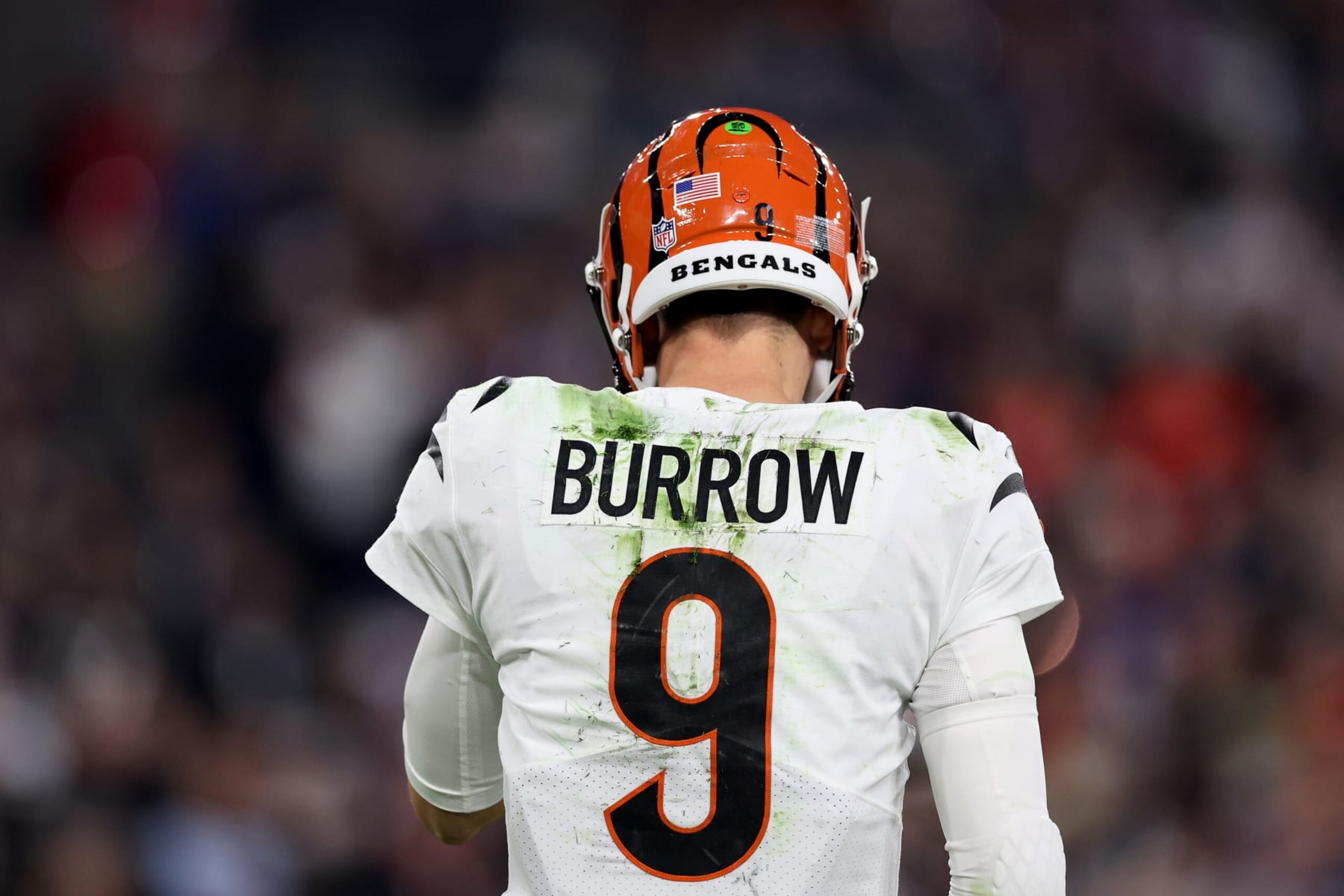 BALTIMORE, MARYLAND - NOVEMBER 16: Joe Burrow #9 of the Cincinnati Bengals looks on against the Baltimore Ravens during the second quarter of the game at M&T Bank Stadium on November 16, 2023 in Baltimore, Maryland. (Photo by Patrick Smith/Getty Images)