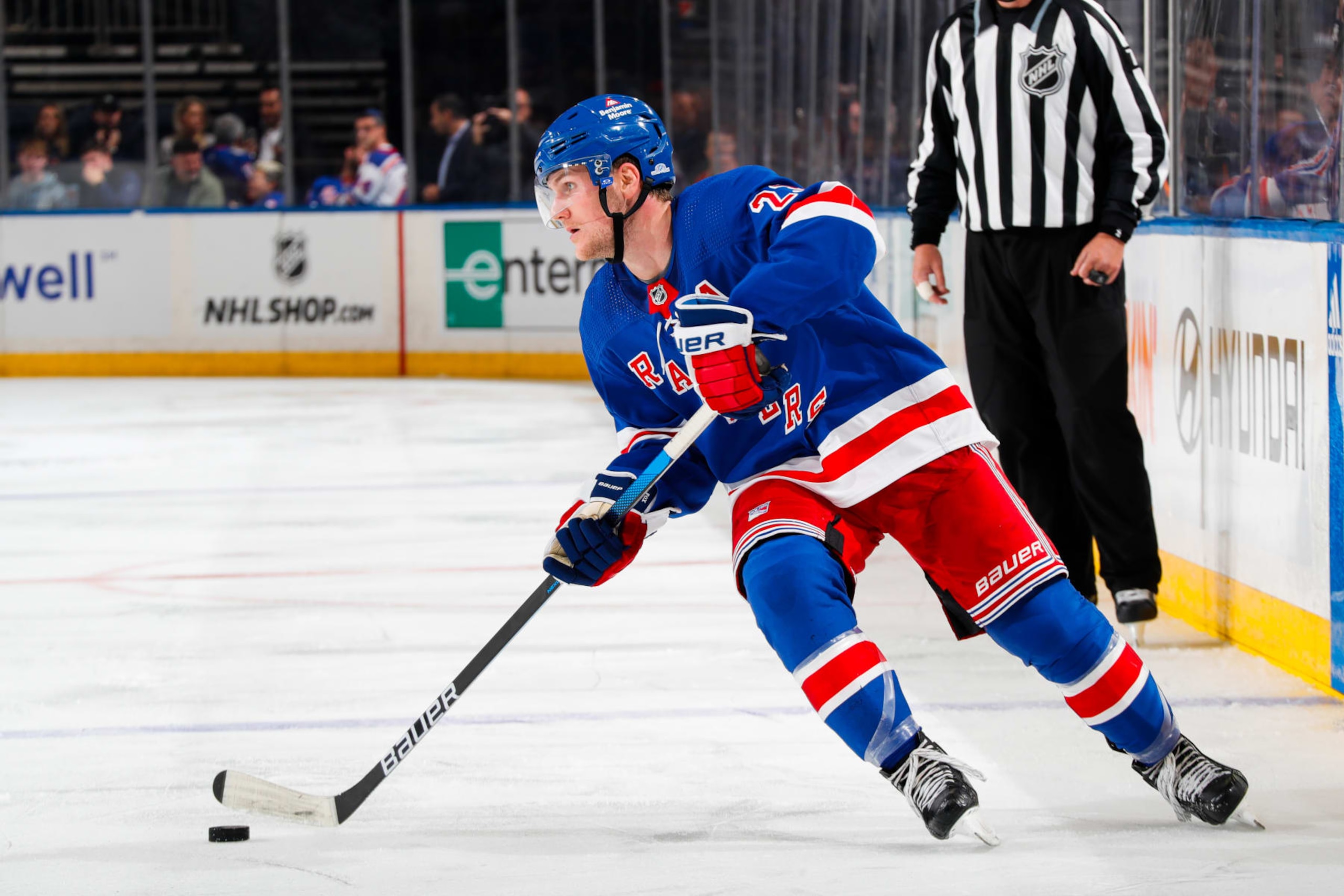 NEW YORK, NEW YORK - OCTOBER 19:  Adam Fox #23 of the New York Rangers skates with the puck against the Nashville Predators at Madison Square Garden on October 19, 2023 in New York City. (Photo by Jared Silber/NHLI via Getty Images)