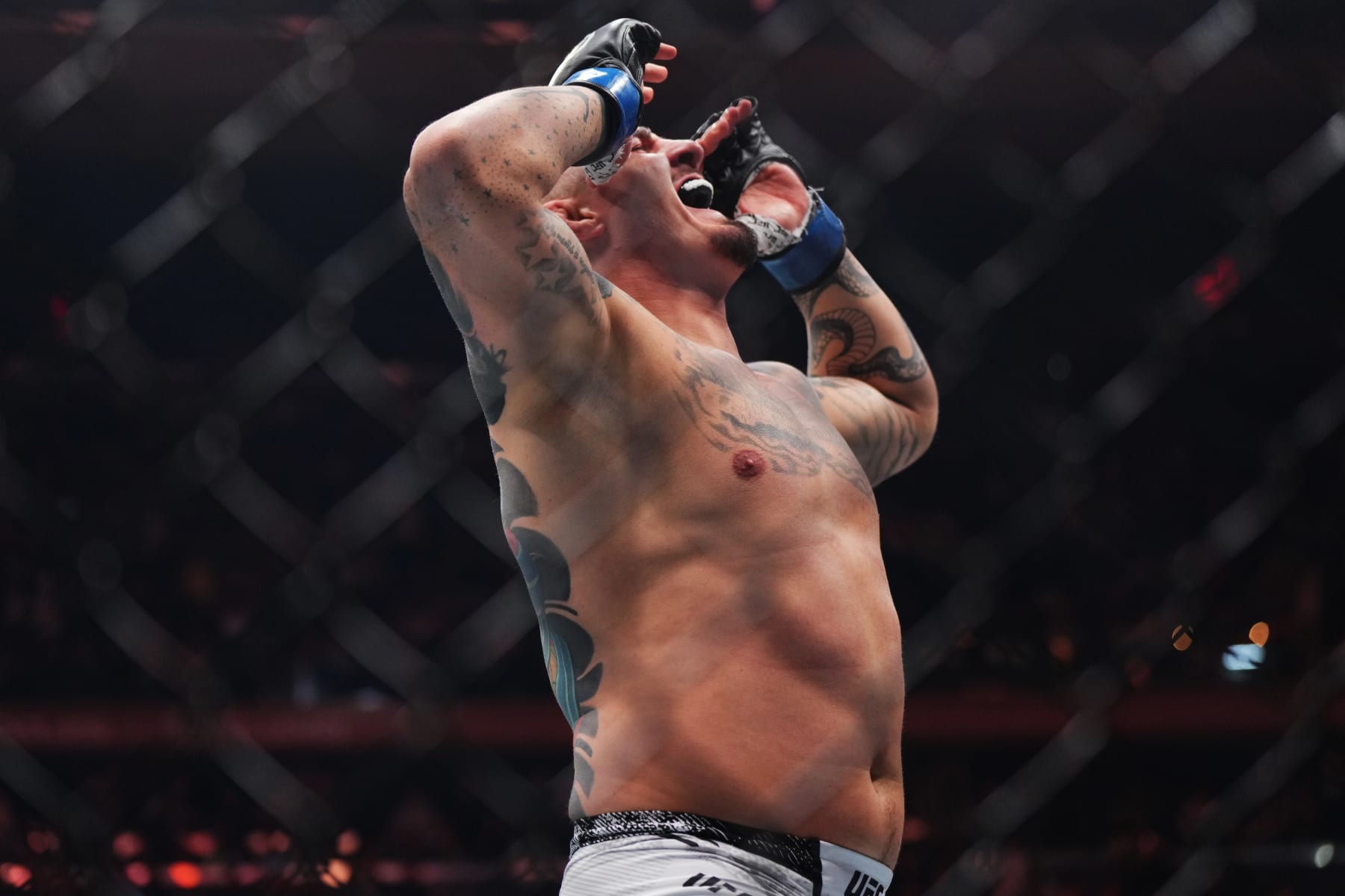 NEW YORK, NEW YORK - NOVEMBER 11: Tom Aspinall of England reacts after his knockout victory against Sergei Pavlovich of Russia in the interim UFC heavyweight championship fight during the UFC 295 event at Madison Square Garden on November 11, 2023 in New York City. (Photo by Cooper Neill/Zuffa LLC via Getty Images)