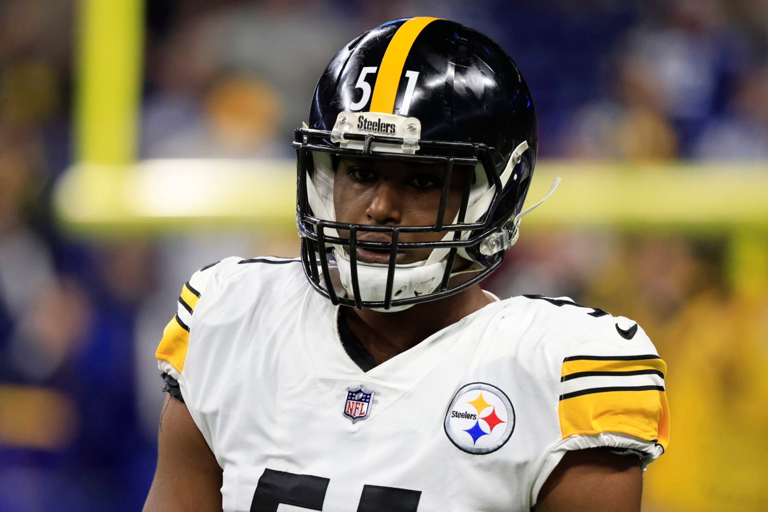 INDIANAPOLIS, INDIANA - NOVEMBER 28: Myles Jack #51 of the Pittsburgh Steelers warms up prior to the game against the Indianapolis Colts at Lucas Oil Stadium on November 28, 2022 in Indianapolis, Indiana. (Photo by Justin Casterline/Getty Images)