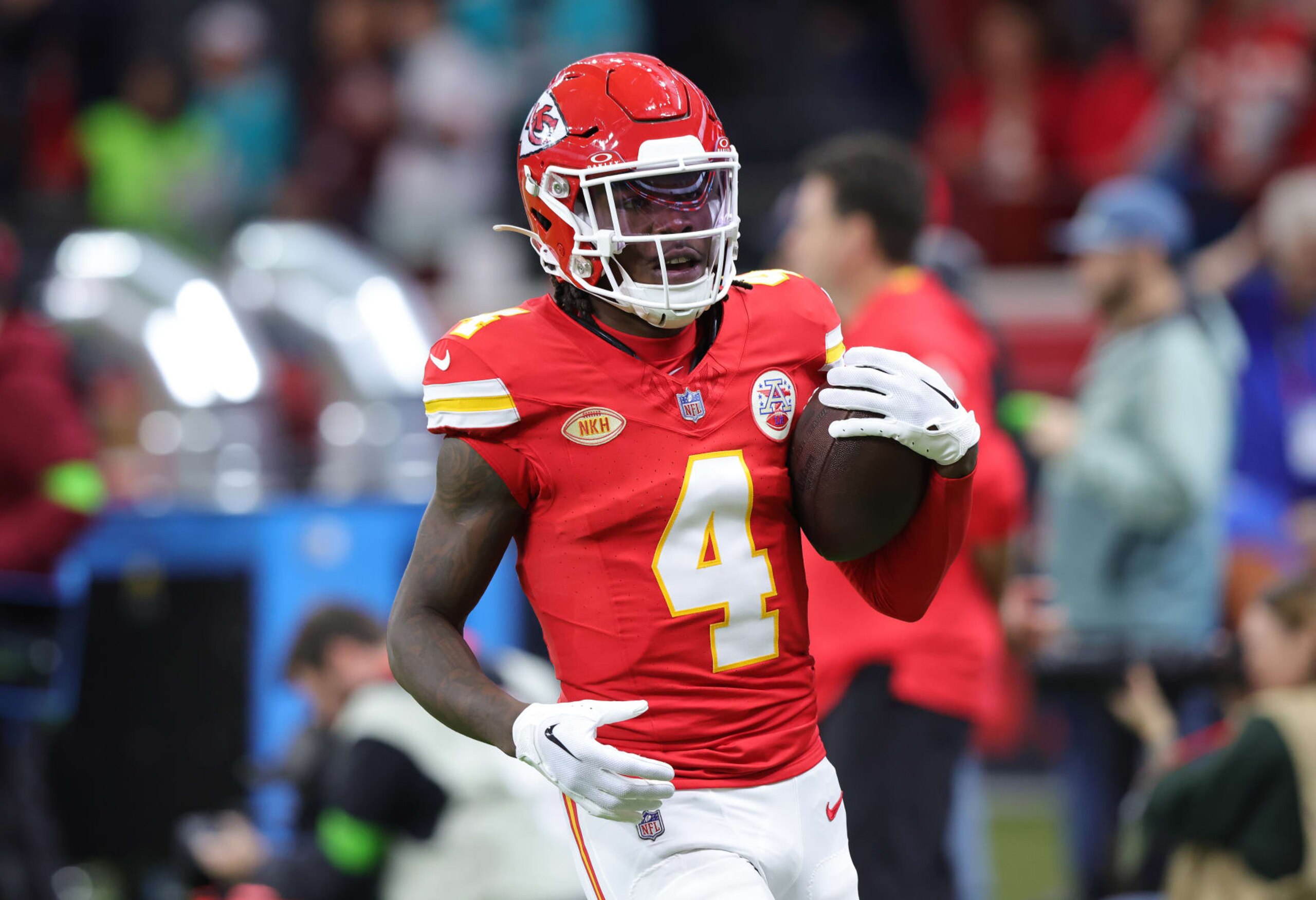 FRANKFURT AM MAIN, GERMANY - NOVEMBER 5: Rashee Rice of Kansas City Chiefs warms up ahead of the NFL match between Miami Dolphins and Kansas City Chiefs at Deutsche Bank Park on November 5, 2023 in Frankfurt am Main, Germany. (Photo by Ralf Ibing - firo sportphoto/Getty Images)