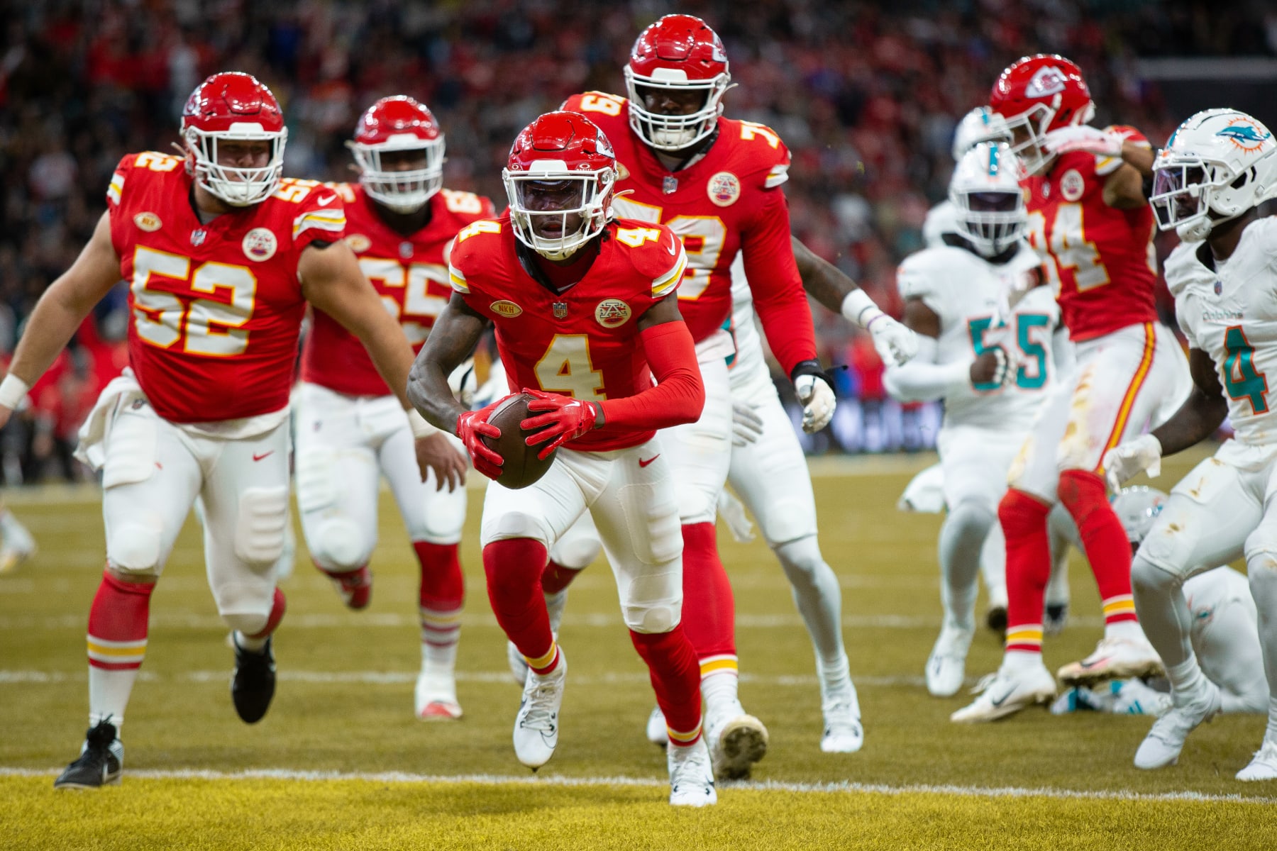 FRANKFURT AM MAIN, GERMANY - NOVEMBER 5: Rashee Rice of Kansas City Chiefs scores a Touchdown to 0:7 during the NFL match between Miami Dolphins and Kansas City Chiefs at Deutsche Bank Park on November 5, 2023 in Frankfurt am Main, Germany. (Photo by Mario Hommes/DeFodi Images via Getty Images)