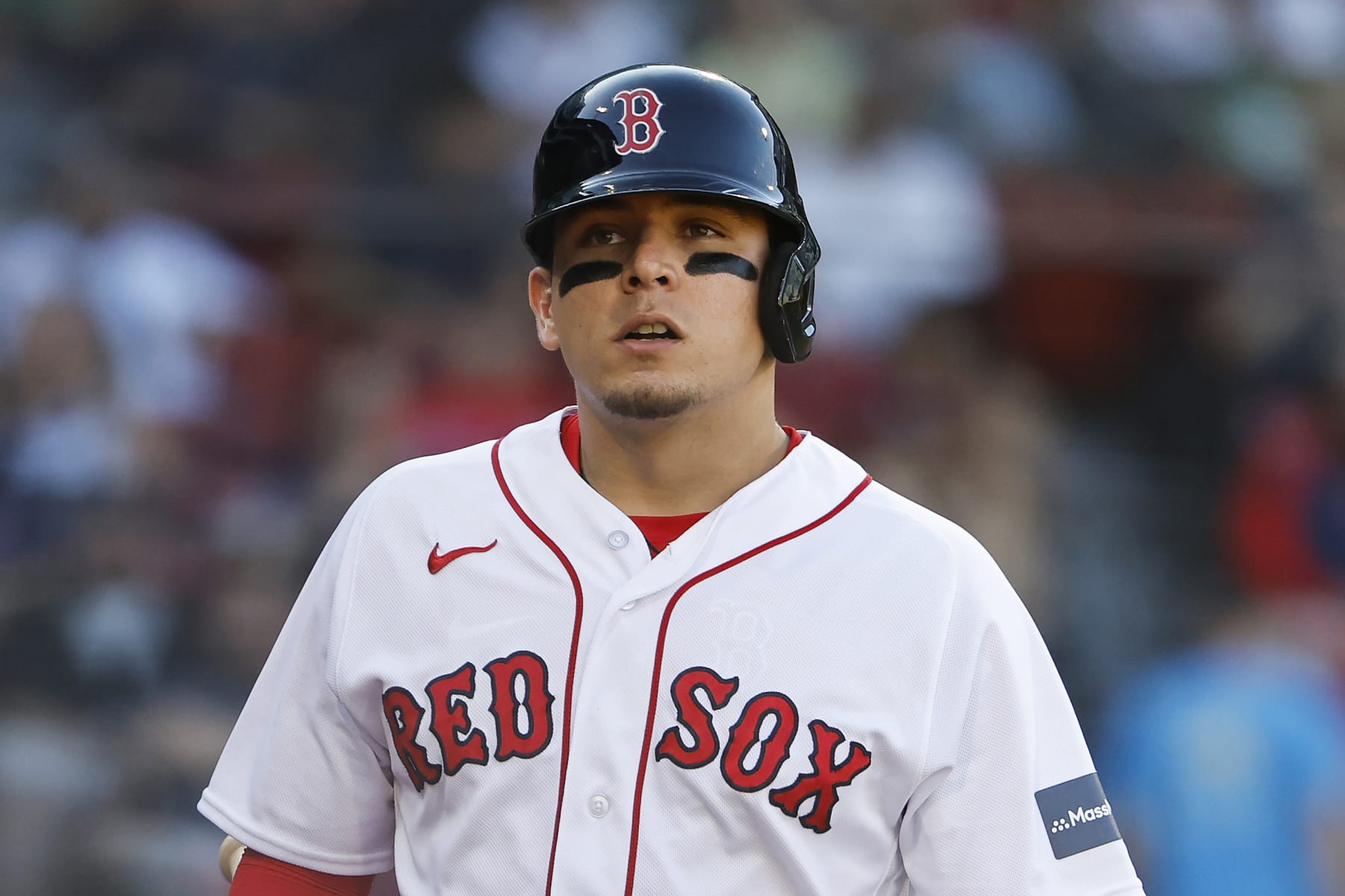 BOSTON, MA - SEPTEMBER 14: Luis Urias #17 of the Boston Red Sox looks on during the seventh inning of game one of a doubleheader against the New York Yankees at Fenway Park on September 14, 2023 in Boston, Massachusetts. (Photo By Winslow Townson/Getty Images)
