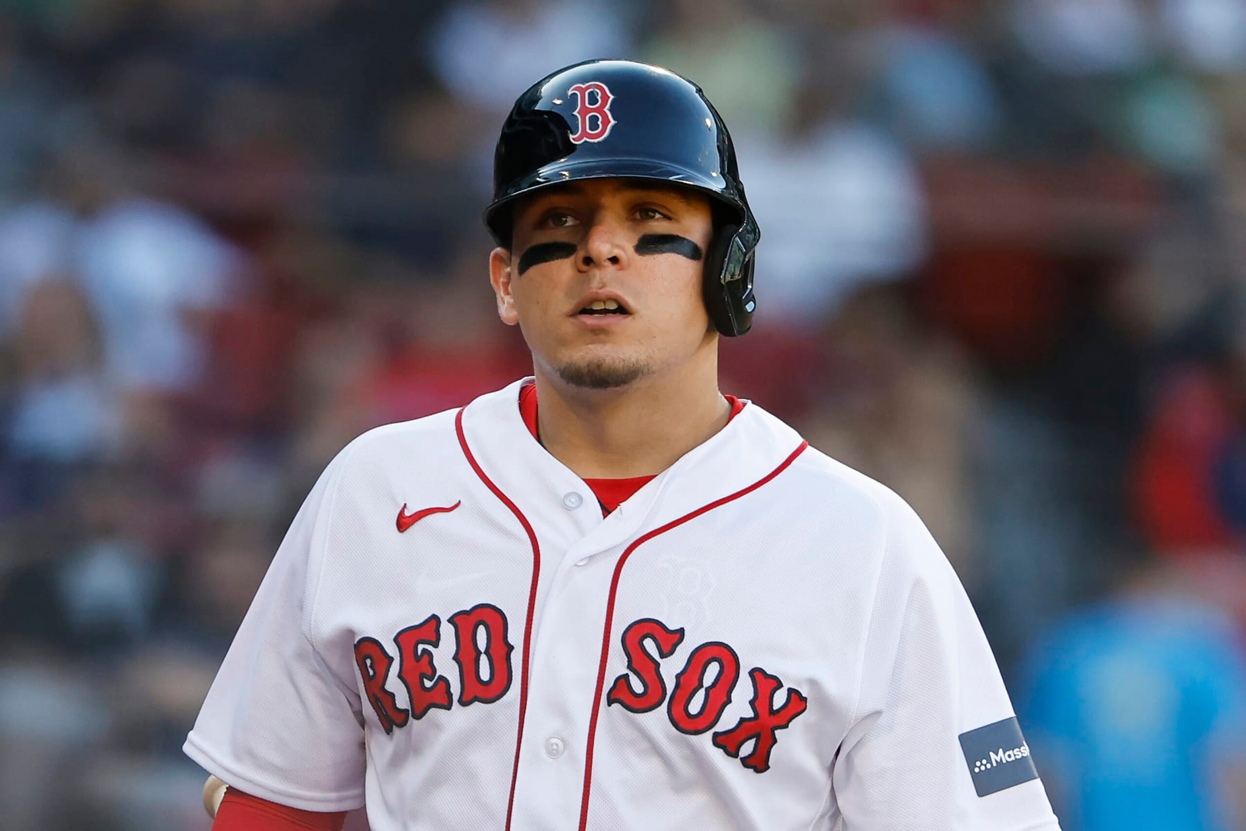 BOSTON, MA - SEPTEMBER 14: Luis Urias #17 of the Boston Red Sox looks on during the seventh inning of game one of a doubleheader against the New York Yankees at Fenway Park on September 14, 2023 in Boston, Massachusetts. (Photo By Winslow Townson/Getty Images)