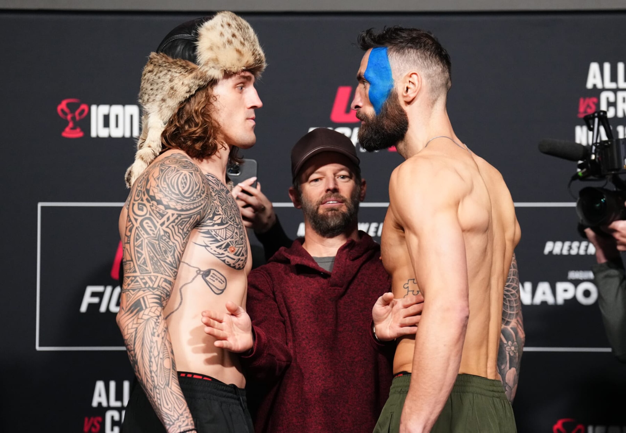 LAS VEGAS, NEVADA - NOVEMBER 17: (L-R) Opponents Brendan Allen and Paul Craig of Scotland face off during the UFC Fight Night weigh-in at UFC APEX on November 17, 2023 in Las Vegas, Nevada. (Photo by Chris Unger/Zuffa LLC via Getty Images)