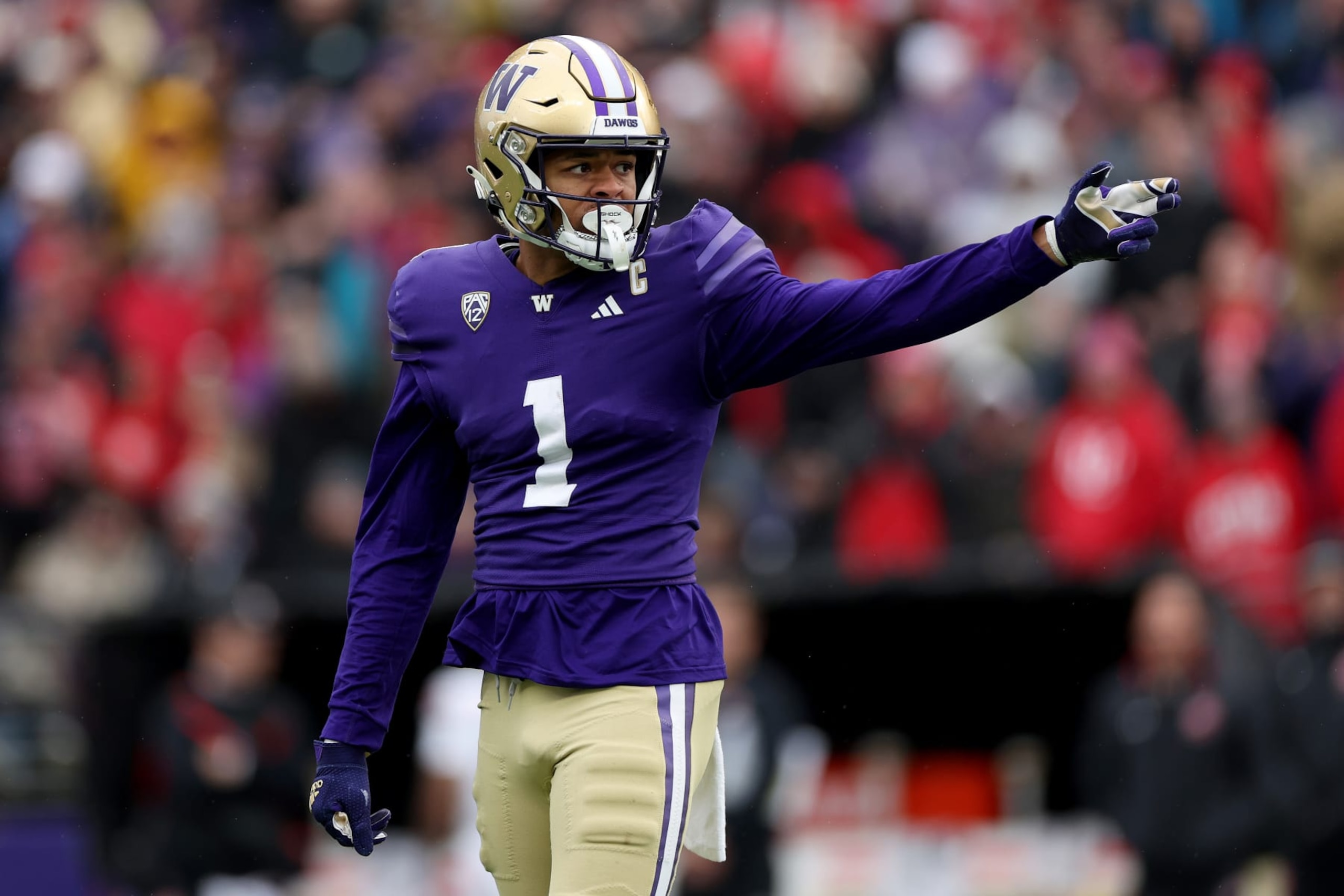 SEATTLE, WASHINGTON - NOVEMBER 11: Rome Odunze #1 of the Washington Huskies celebrates a reception against the Utah Utes during the second quarter at Husky Stadium on November 11, 2023 in Seattle, Washington. (Photo by Steph Chambers/Getty Images)