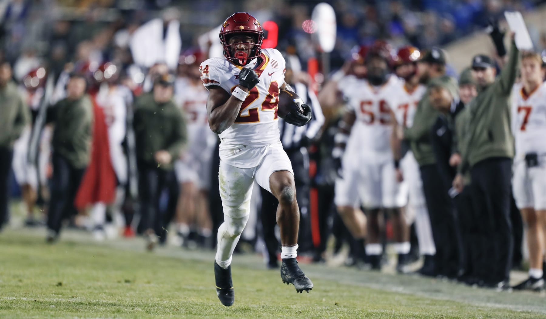 PROVO, UT - NOVEMBER 11:  Abu Sama III #24 of the Iowa State Cyclones runs the ball for a touchdown during the second half of their game against the Brigham Young Cougars at LaVell Edwards Stadium on November 11, 2023 in Provo, Utah.  (Photo by Chris Gardner/Getty Images)