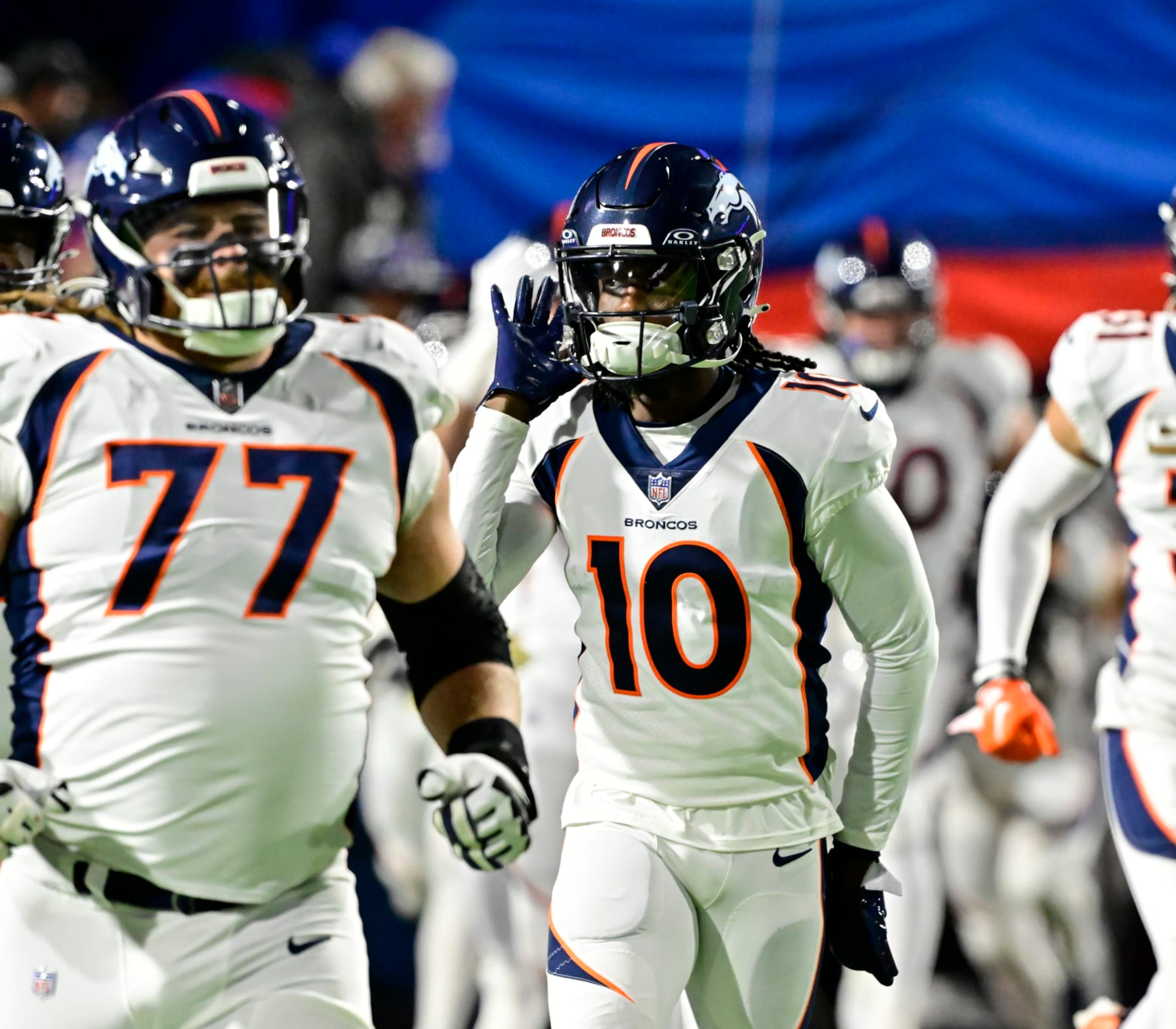 ORCHARD PARK, NY - NOVEMBER 13: Denver Broncos wide receiver Jerry Jeudy (10) reacts to Buffalo Bills fans as the team comes out onto the field to play the Bills at Highmark Stadium November 13, 2023. (Photo by Andy Cross/MediaNews Group/The Denver Post via Getty Images)