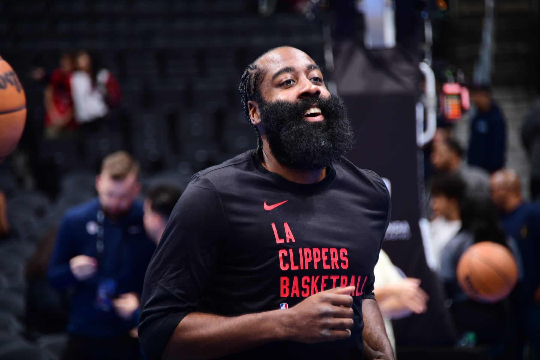 LOS ANGELES, CA - NOVEMBER 17: James Harden #1 of the LA Clippers smiles before the game against the Houston Rockets during the In-Season Tournament on November 17, 2023 at Crypto.Com Arena in Los Angeles, California. NOTE TO USER: User expressly acknowledges and agrees that, by downloading and/or using this Photograph, user is consenting to the terms and conditions of the Getty Images License Agreement. Mandatory Copyright Notice: Copyright 2023 NBAE (Photo by Adam Pantozzi/NBAE via Getty Images) LOS ANGELES, CA - NOVEMBER 17: James Harden #1 of the LA Clippers smiles before the game against the Houston Rockets during the In-Season Tournament on November 17, 2023 at Crypto.Com Arena in Los Angeles, California. NOTE TO USER: User expressly acknowledges and agrees that, by downloading and/or using this Photograph, user is consenting to the terms and conditions of the Getty Images License Agreement. Mandatory Copyright Notice: Copyright 2023 NBAE (Photo by Adam Pantozzi/NBAE via Getty Images)