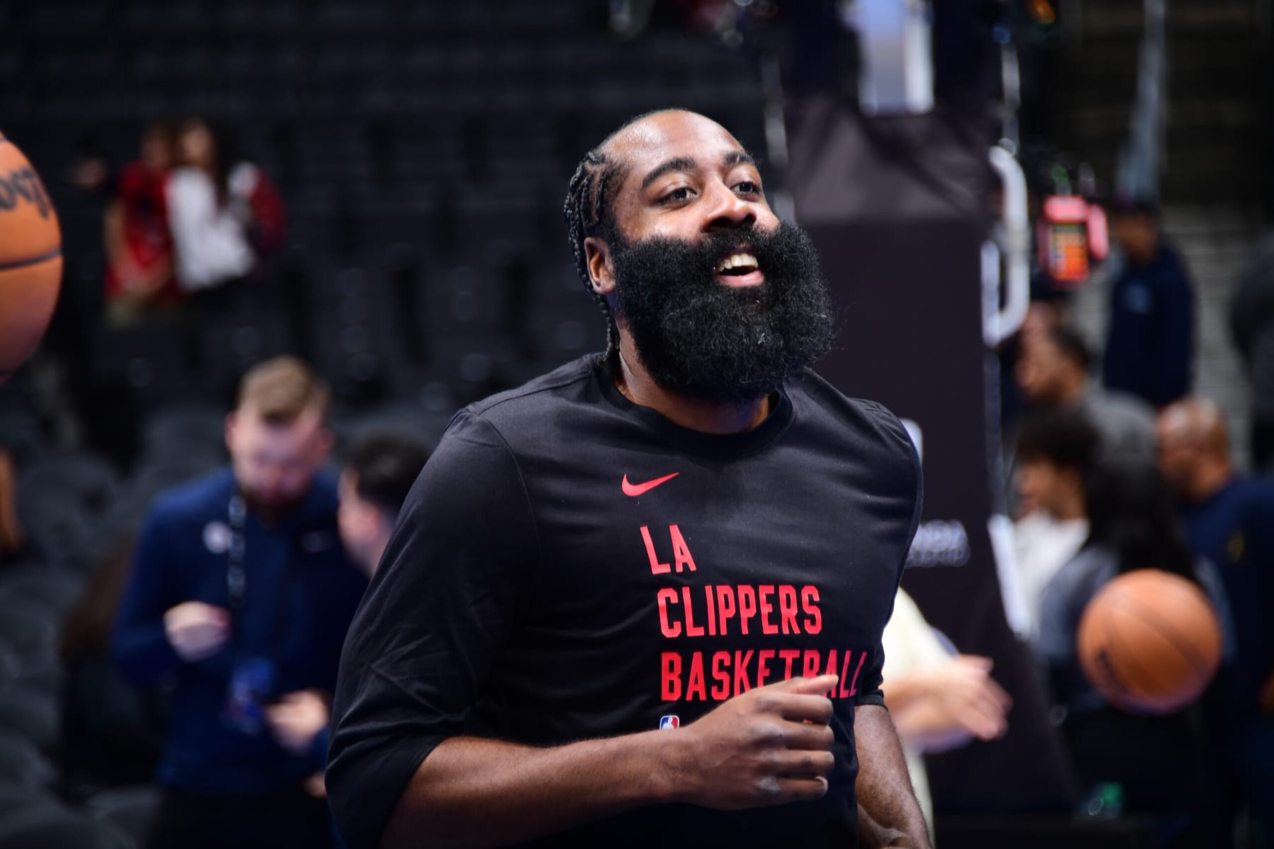 LOS ANGELES, CA - NOVEMBER 17: James Harden #1 of the LA Clippers smiles before the game against the Houston Rockets during the In-Season Tournament on November 17, 2023 at Crypto.Com Arena in Los Angeles, California. NOTE TO USER: User expressly acknowledges and agrees that, by downloading and/or using this Photograph, user is consenting to the terms and conditions of the Getty Images License Agreement. Mandatory Copyright Notice: Copyright 2023 NBAE (Photo by Adam Pantozzi/NBAE via Getty Images)