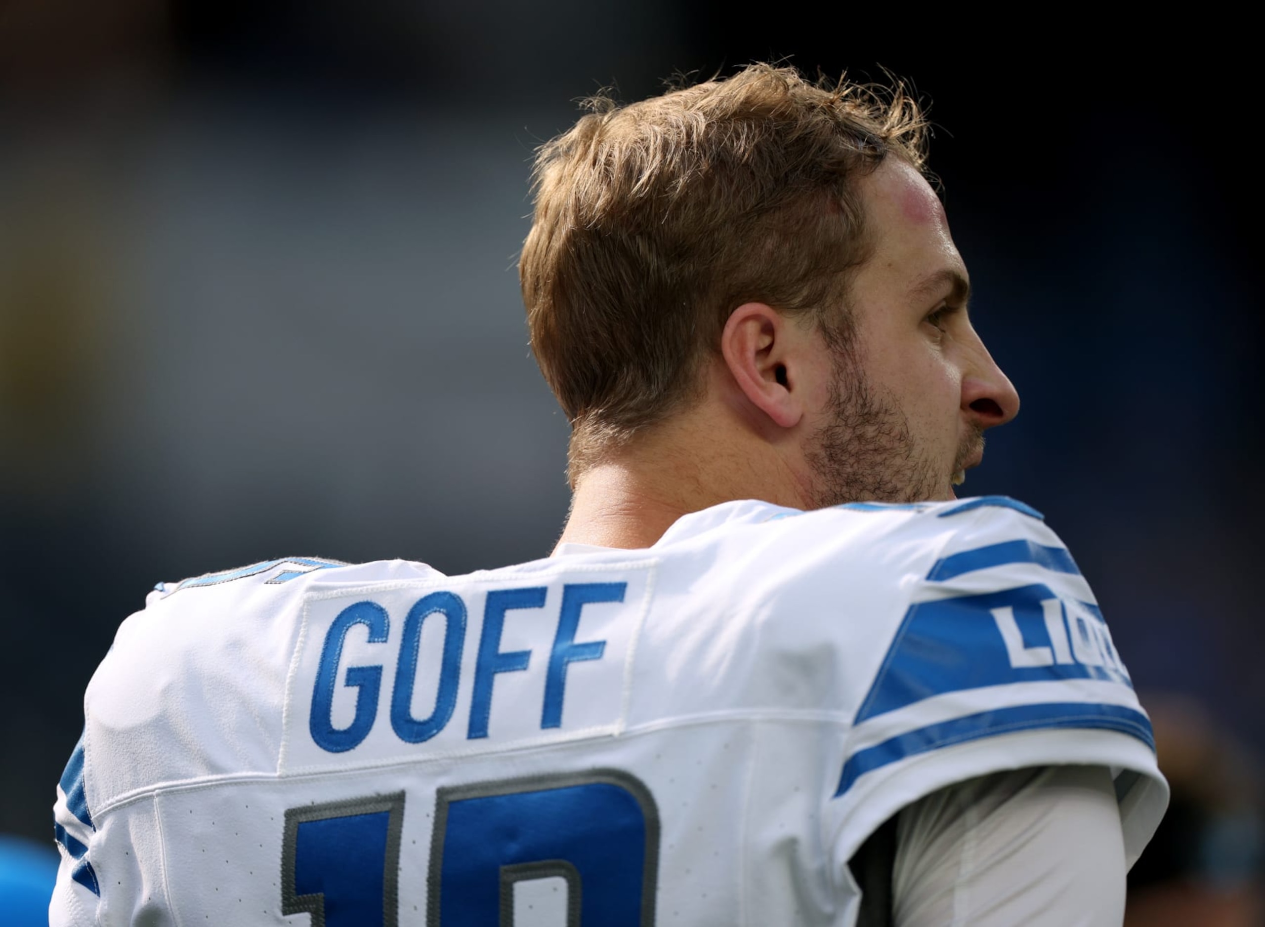 INGLEWOOD, CALIFORNIA - NOVEMBER 12: Jared Goff #16 of the Detroit Lions looks on during warm ups before the game against the Los Angeles Chargers at SoFi Stadium on November 12, 2023 in Inglewood, California. (Photo by Harry How/Getty Images)