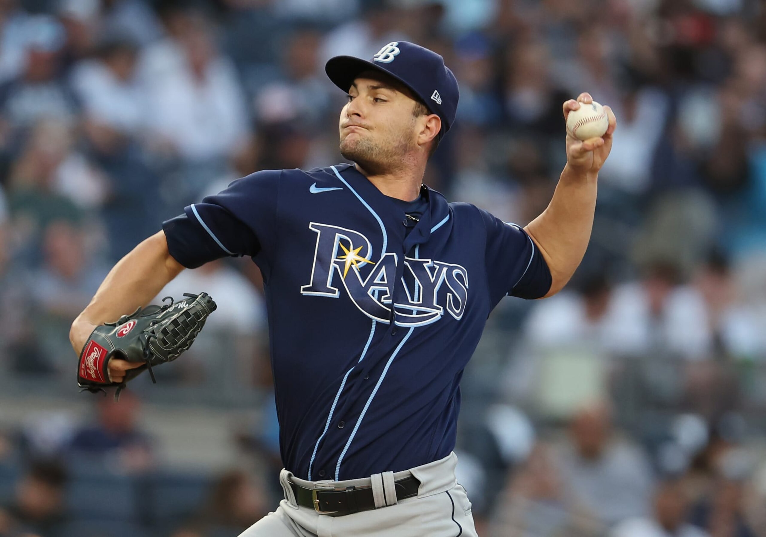 NEW YORK, NEW YORK - AUGUST 02:  Shane McClanahan #18 of the Tampa Bay Rays pitches against the New York Yankees during their game at Yankee Stadium on August 2, 2023 in Bronx borough of New York City.  (Photo by Al Bello/Getty Images)