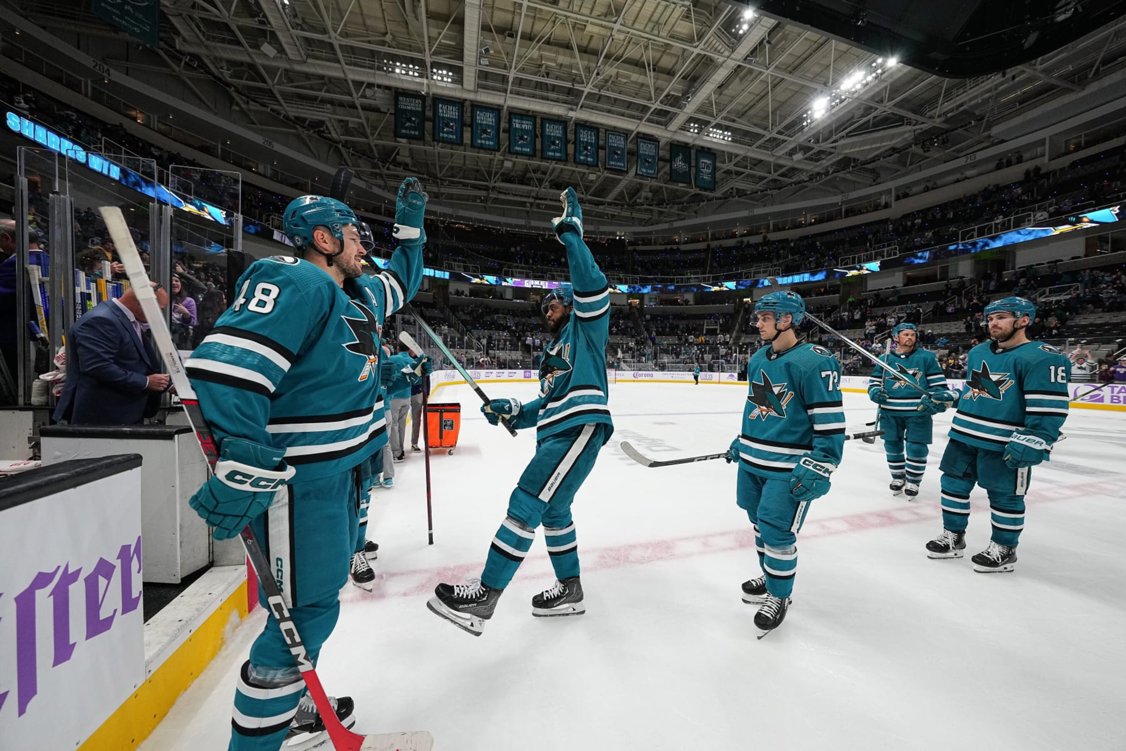 SAN JOSE, CA - NOVEMBER 16: Anthony Duclair #10 and Tomas Hertl #48 of the San Jose Sharks celebrate the win against the St. Louis Blues at SAP Center on November 16, 2023 in San Jose, California. (Photo by Kavin Mistry/NHLI via Getty Images)