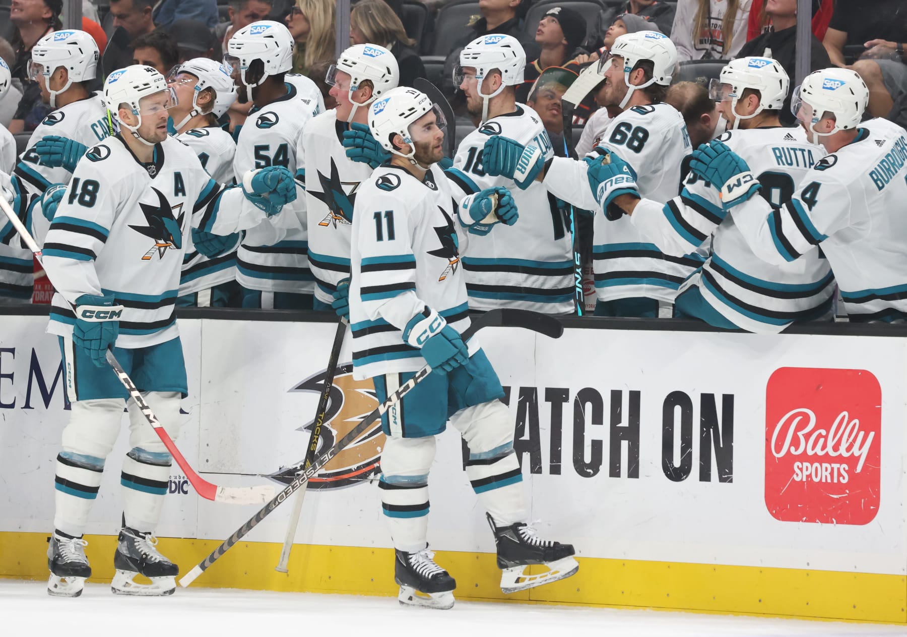 ANAHEIM, CA - NOVEMBER 12: Luke Kunin #11 of the San Jose Sharks celebrates his first-period goal with the bench during the game against the Anaheim Ducks at Honda Center on November 12, 2023 in Anaheim, California. (Photo by Debora Robinson/NHLI via Getty Images)