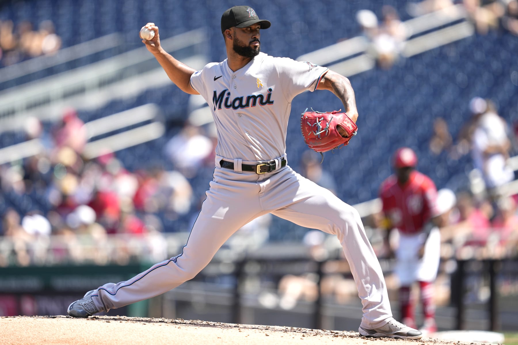 WASHINGTON, DC - SEPTEMBER 03:  Sandy Alcantara #22 of the Miami Marlins pitches in the first inning during a baseball game against the Washington Nationals at Nationals Park on September 3, 2023 in Washington, DC.  (Photo by Mitchell Layton/Getty Images)