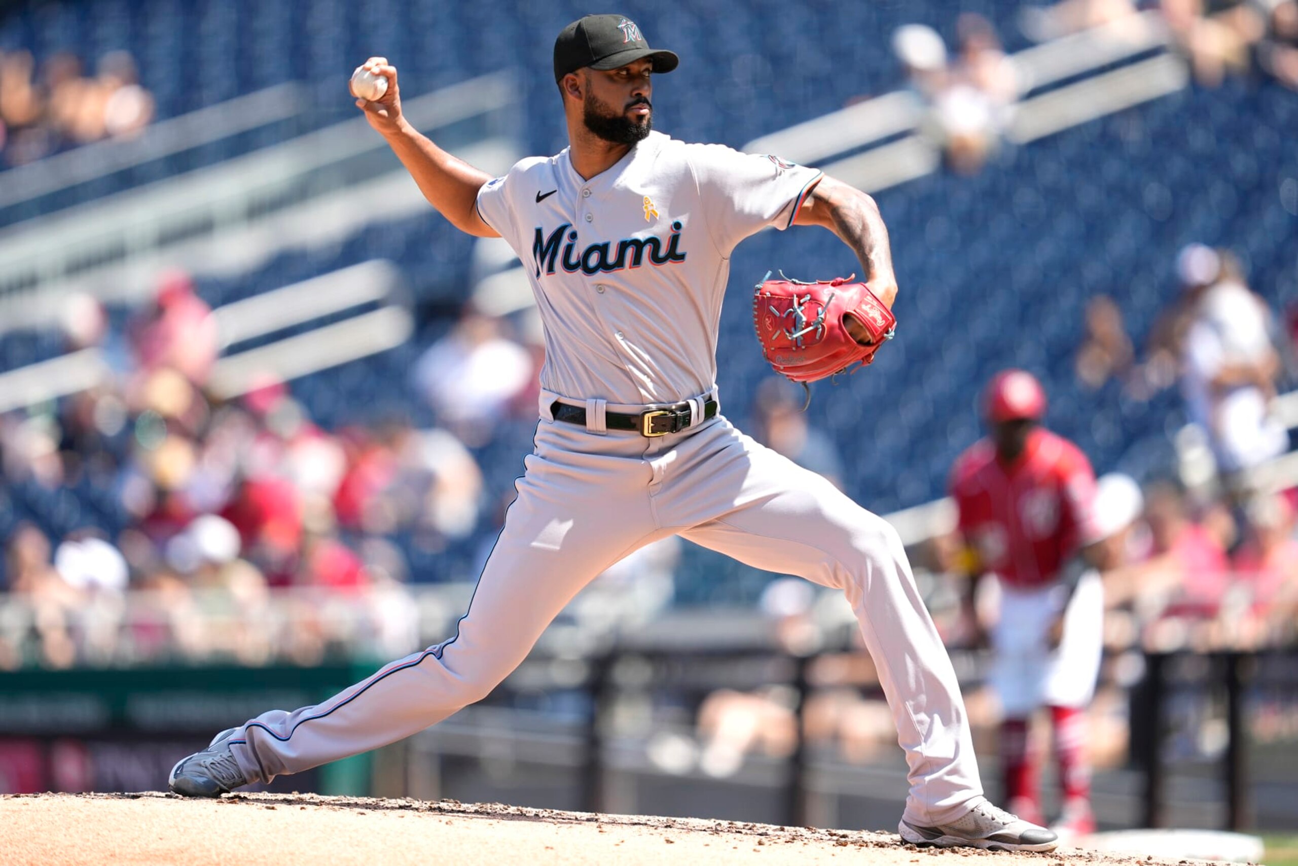 WASHINGTON, DC - SEPTEMBER 03:  Sandy Alcantara #22 of the Miami Marlins pitches in the first inning during a baseball game against the Washington Nationals at Nationals Park on September 3, 2023 in Washington, DC.  (Photo by Mitchell Layton/Getty Images)