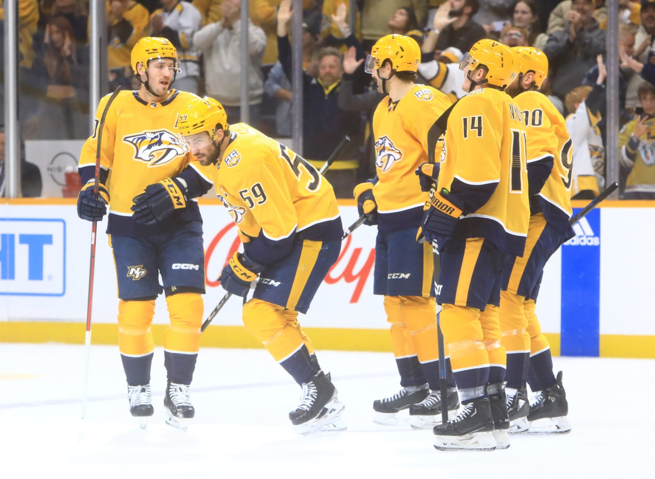 NASHVILLE, TN - NOVEMBER 14: Nashville Predators defenseman Roman Josi (59) skates back to the bench after his second period goal during the NHL game between the Nashville Predators and Anaheim Ducks, held on November 14, 2023, at Bridgestone Arena in Nashville, Tennessee.  (Photo by Danny Murphy/Icon Sportswire via Getty Images)