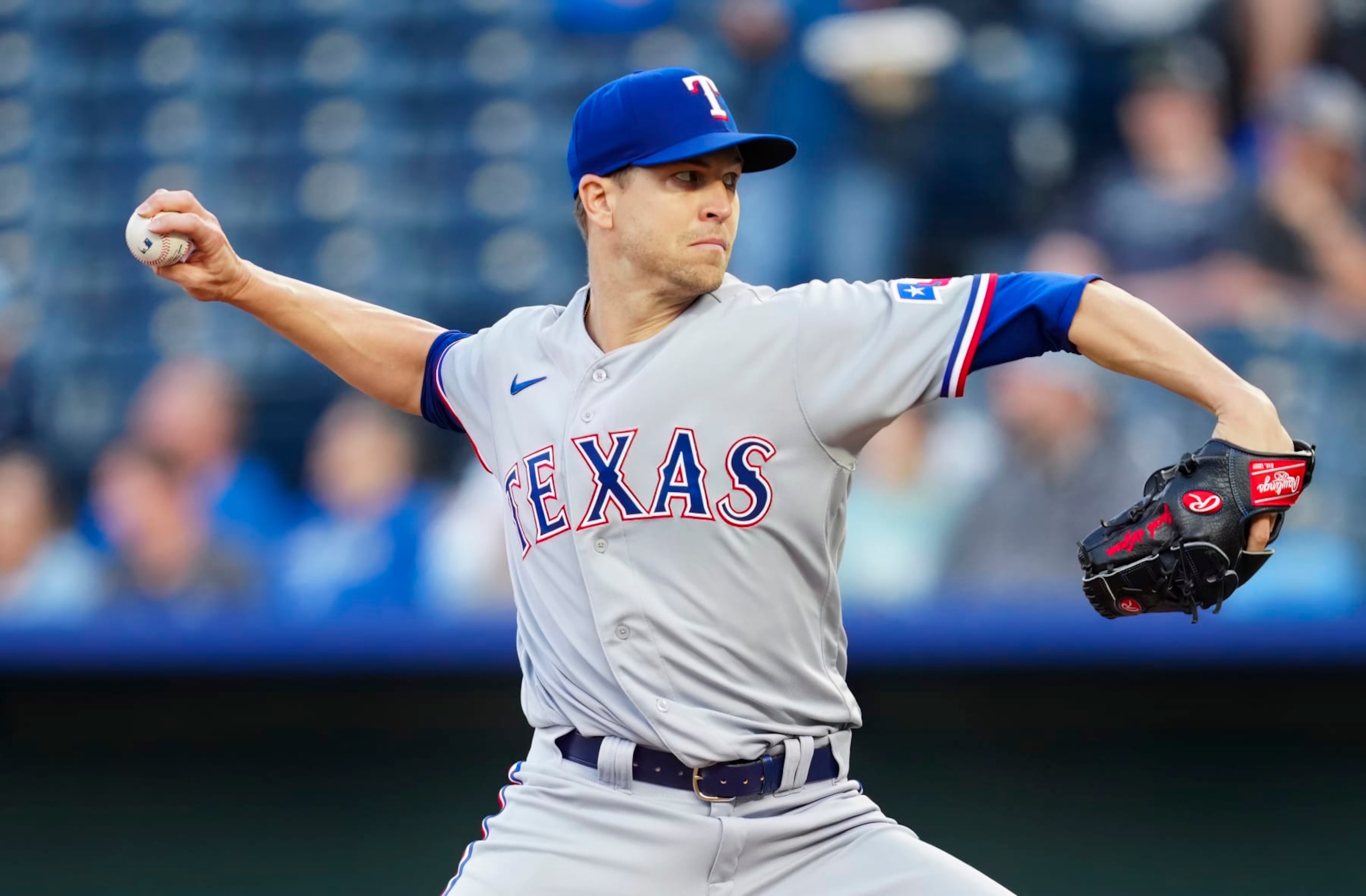 KANSAS CITY, MO - APRIL 17: Jacob deGrom #48 of the Texas Rangers pitches during the third inning against the Kansas City Royals at Kauffman Stadium on April 17, 2023 in Kansas City, Missouri. (Photo by Jay Biggerstaff/Getty Images)