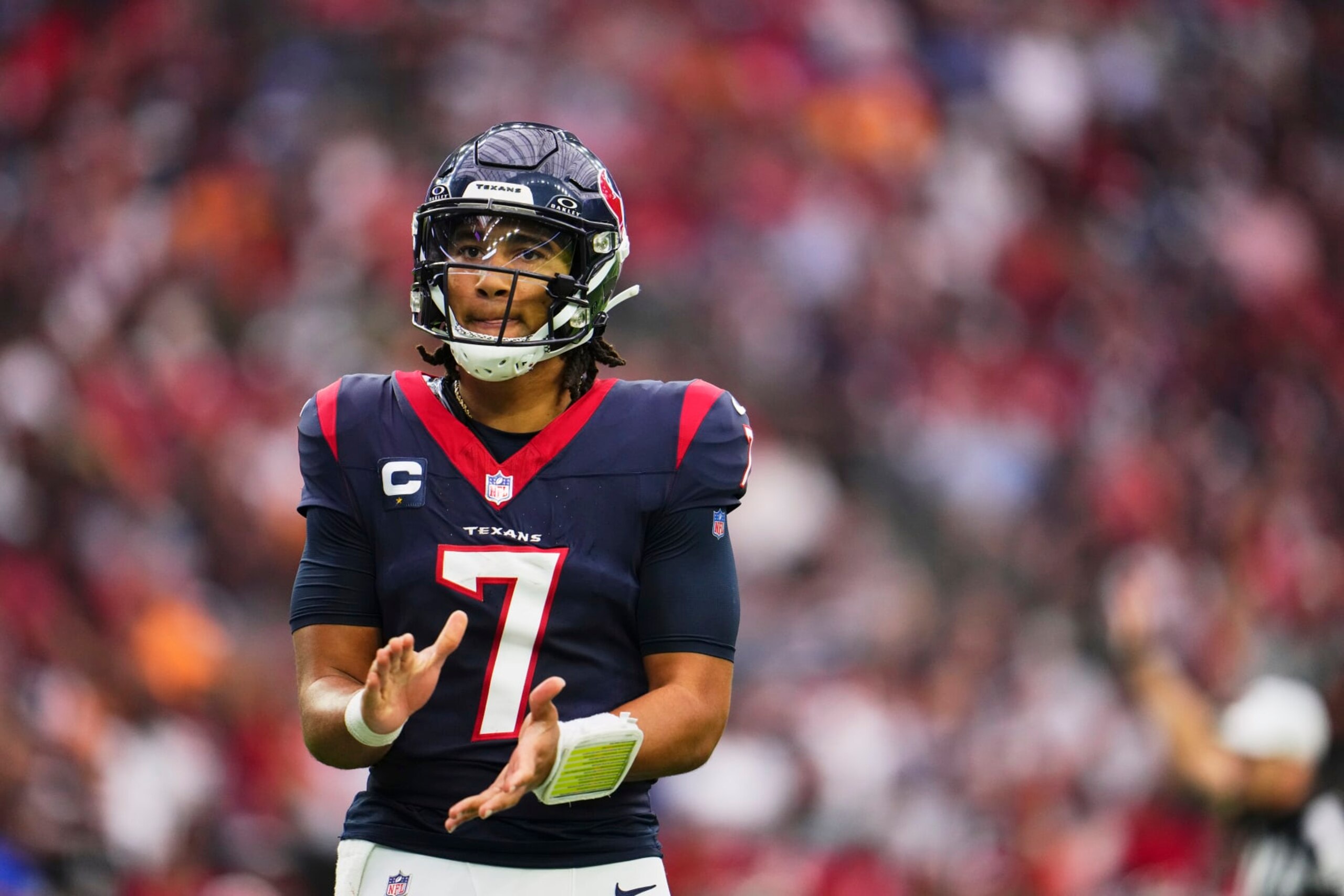 HOUSTON, TX - NOVEMBER 05: C.J. Stroud #7 of the Houston Texans reacts after a play against the Tampa Bay Buccaneers during the second half at NRG Stadium on November 5, 2023 in Houston, Texas. (Photo by Cooper Neill/Getty Images) HOUSTON, TX - NOVEMBER 05: C.J. Stroud #7 of the Houston Texans reacts after a play against the Tampa Bay Buccaneers during the second half at NRG Stadium on November 5, 2023 in Houston, Texas. (Photo by Cooper Neill/Getty Images)