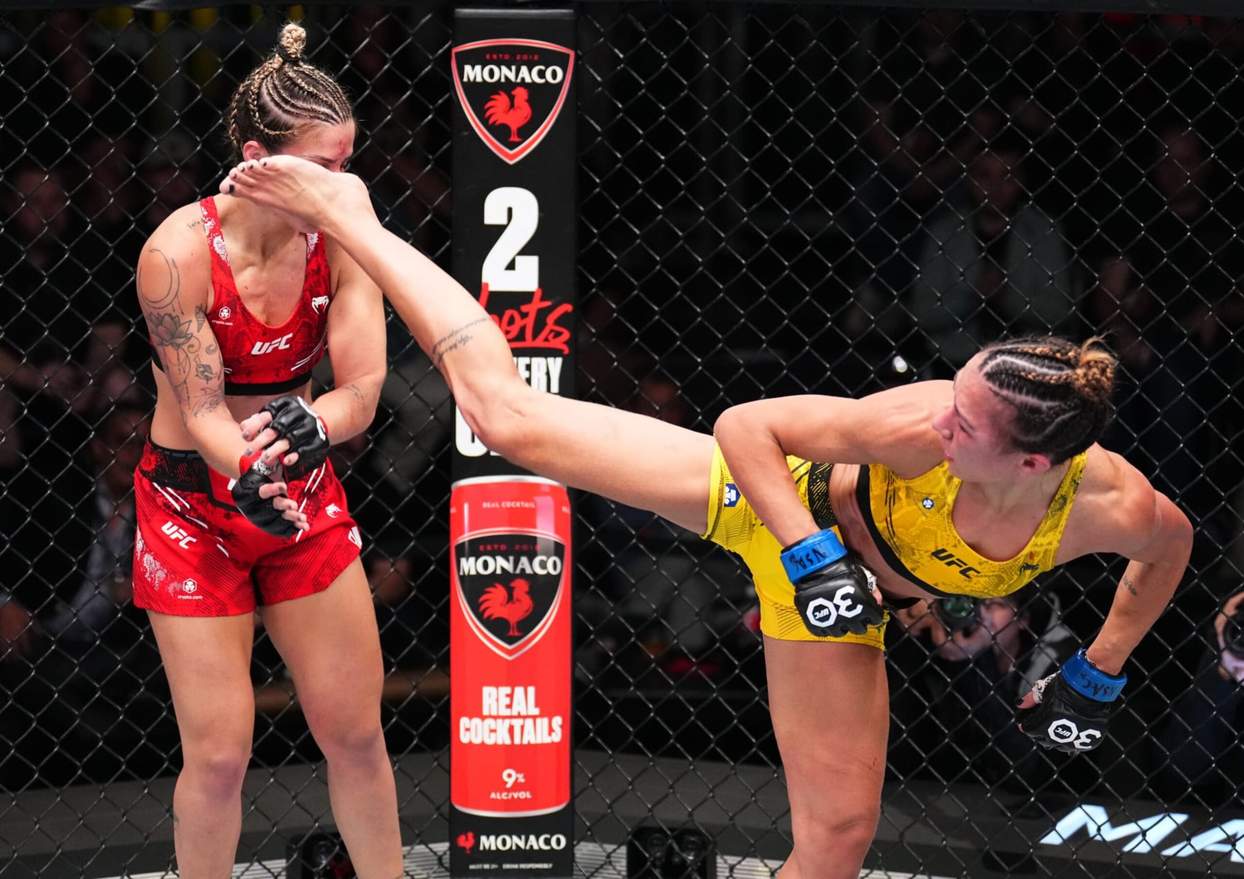 LAS VEGAS, NEVADA - NOVEMBER 18: (R-L) Amanda Ribas of Brazil kicks Luana Pinheiro of Brazil in a strawweight fight during the UFC Fight Night event at UFC APEX on November 18, 2023 in Las Vegas, Nevada. (Photo by Chris Unger/Zuffa LLC via Getty Images)
