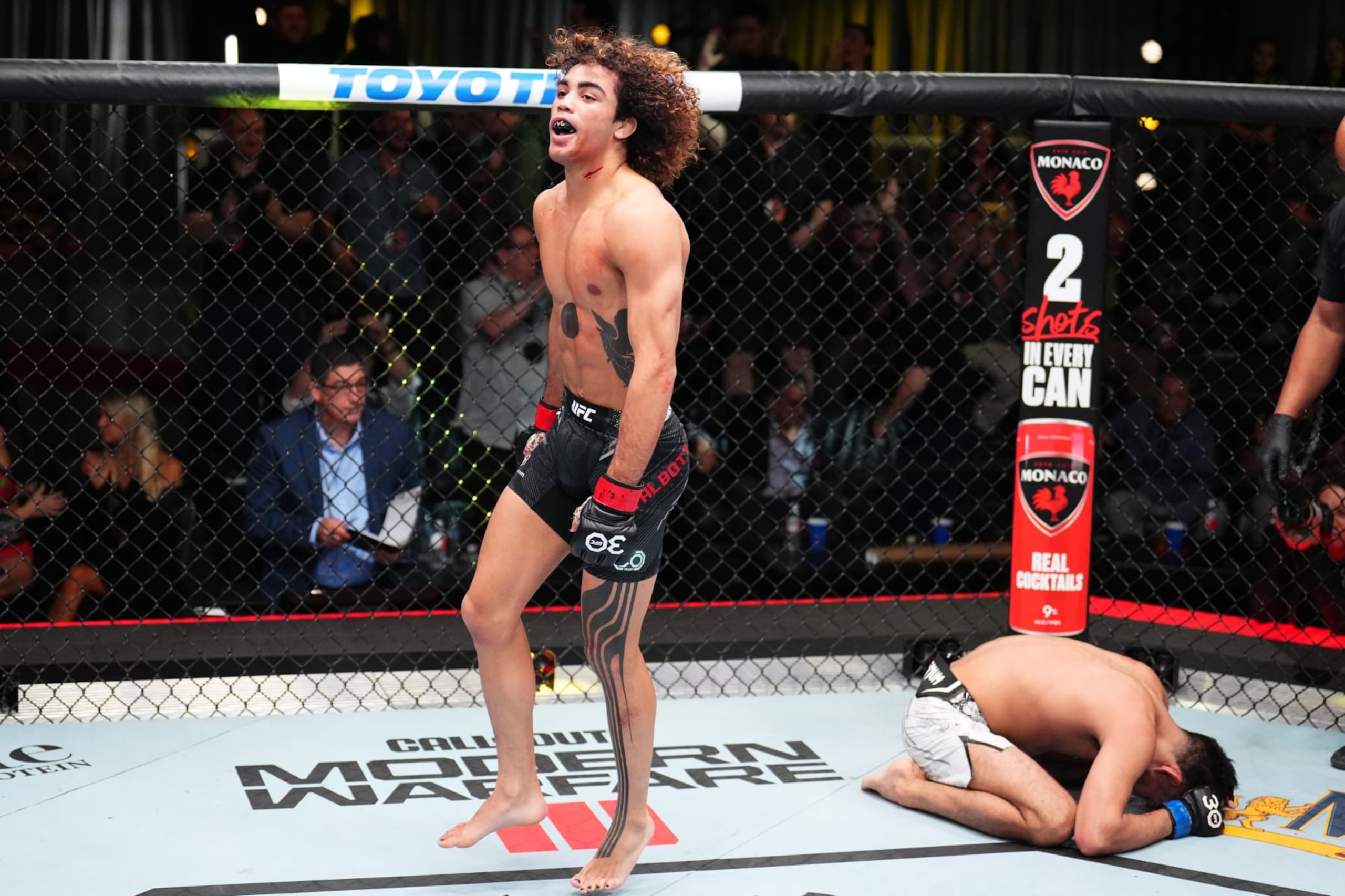 LAS VEGAS, NEVADA - NOVEMBER 18: Payton Talbott reacts after his victory against Nick Aguirre in a bantamweight fight during the UFC Fight Night event at UFC APEX on November 18, 2023 in Las Vegas, Nevada. (Photo by Chris Unger/Zuffa LLC via Getty Images)