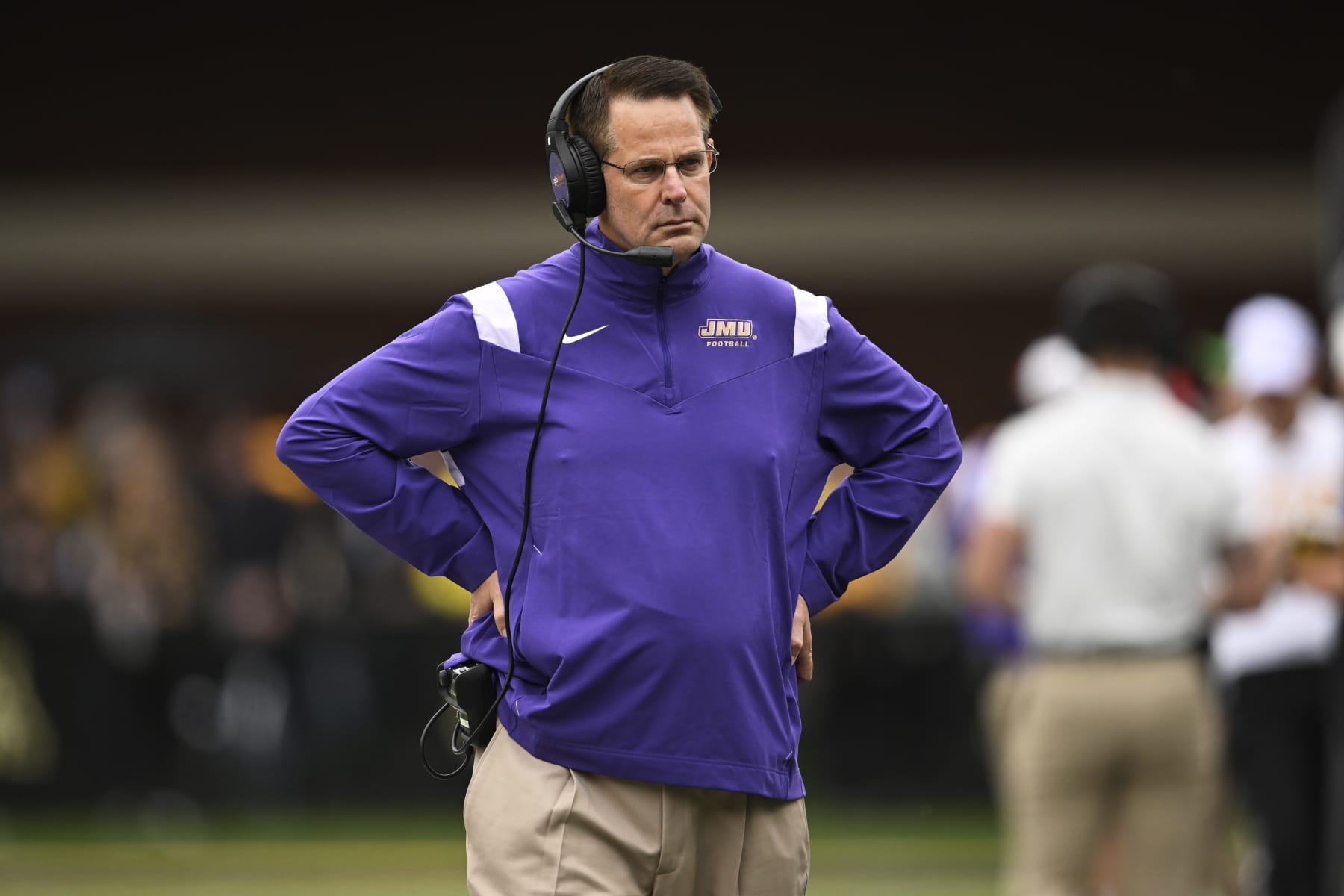 BOONE, NORTH CAROLINA - SEPTEMBER 24: Head coach Curt Cignetti of the James Madison Dukes stands on the field during the first quarter against the Appalachian State Mountaineers at Kidd Brewer Stadium on September 24, 2022 in Boone, North Carolina. (Photo by Eakin Howard/Getty Images)