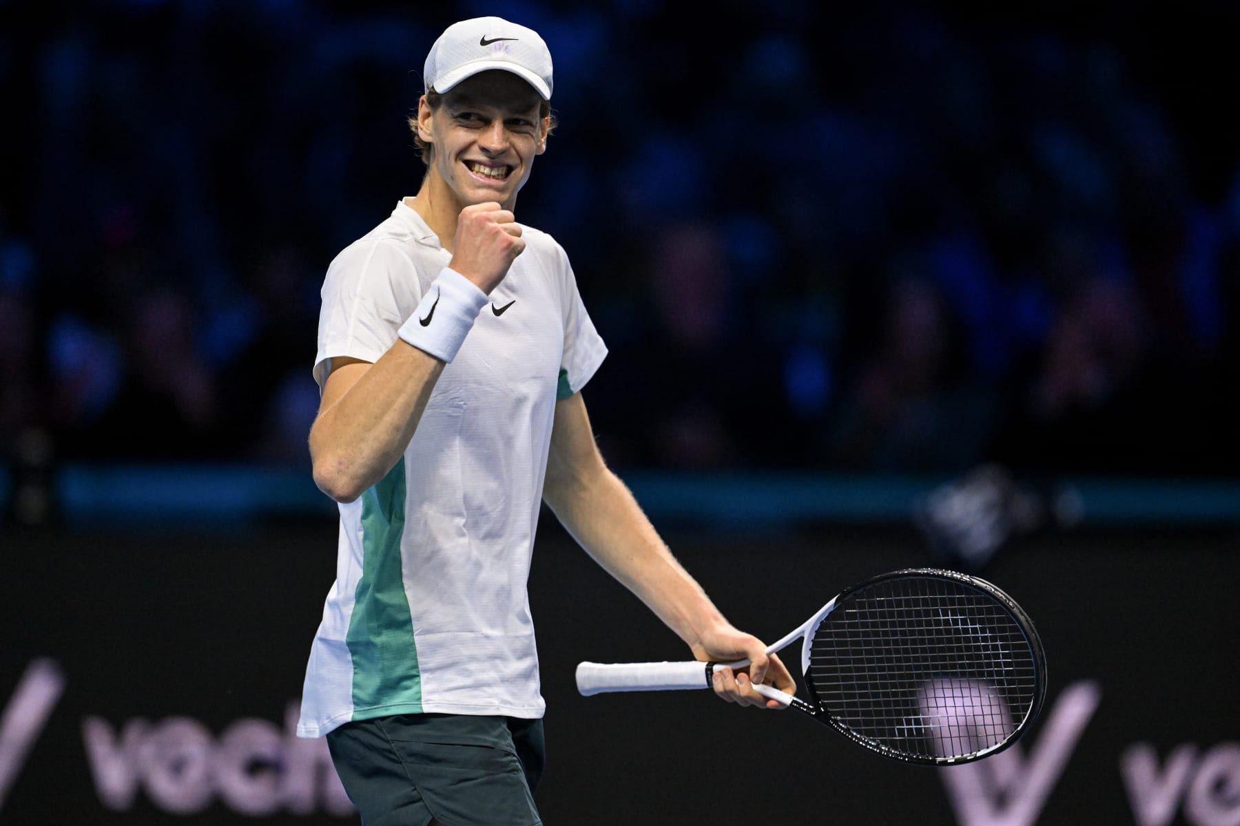 TURIN, ITALY - NOVEMBER 18: Jannik Sinner of Italy celebrates a point against Daniil Medvedev during the Men's Singles Semi Final match on day seven of the Nitto ATP Finals at Pala Alpitour on November 18, 2023 in Turin, Italy. (Photo by Tullio Puglia/Getty Images)
