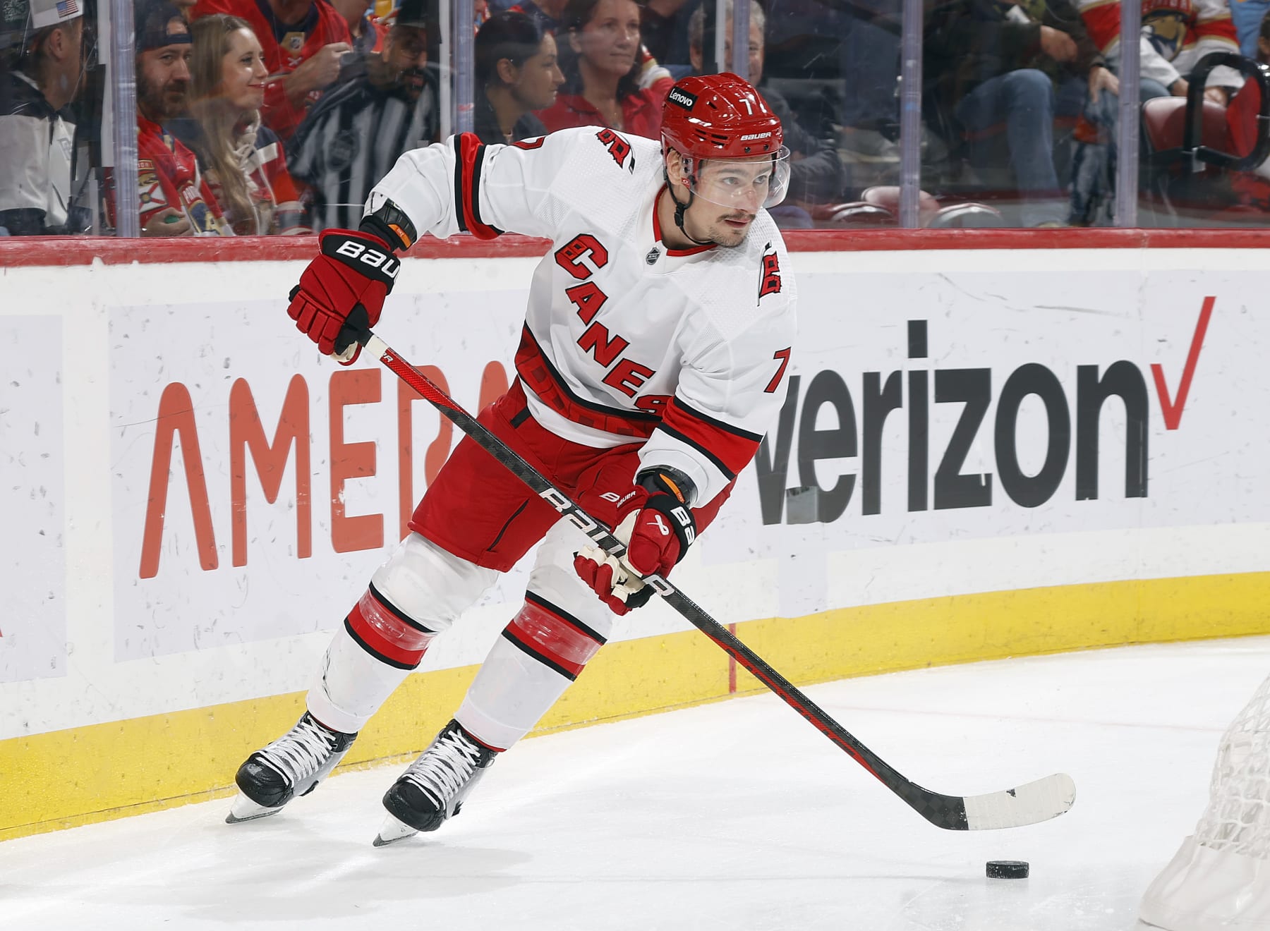SUNRISE, FL - NOVEMBER 10: Dmitry Orlov #7 of the Carolina Hurricanes skates with the puck against the Florida Panthers at the Amerant Bank Arena on November 10, 2023 in Sunrise, Florida. (Photo by Joel Auerbach/Getty Images)