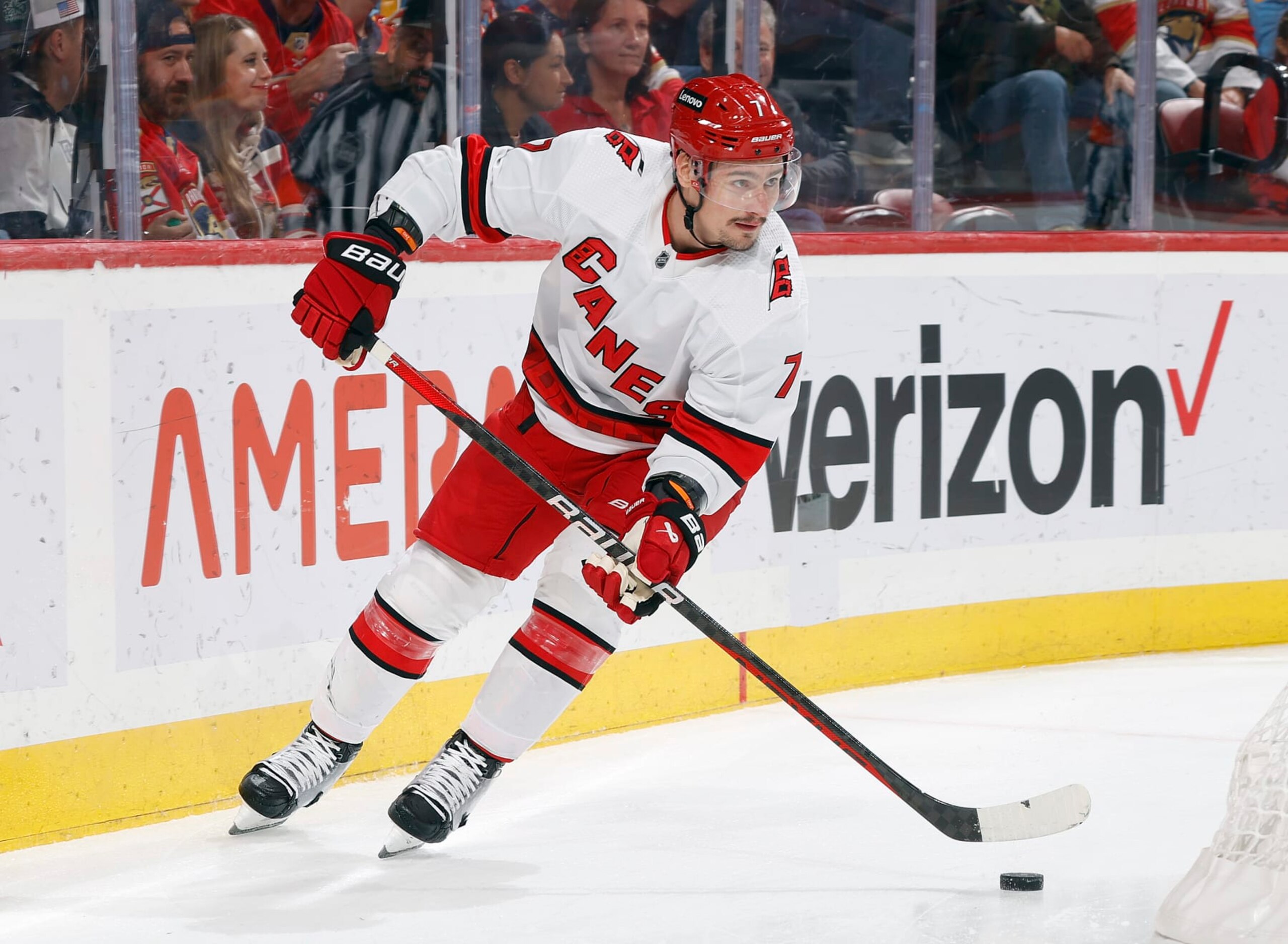 SUNRISE, FL - NOVEMBER 10: Dmitry Orlov #7 of the Carolina Hurricanes skates with the puck against the Florida Panthers at the Amerant Bank Arena on November 10, 2023 in Sunrise, Florida. (Photo by Joel Auerbach/Getty Images)