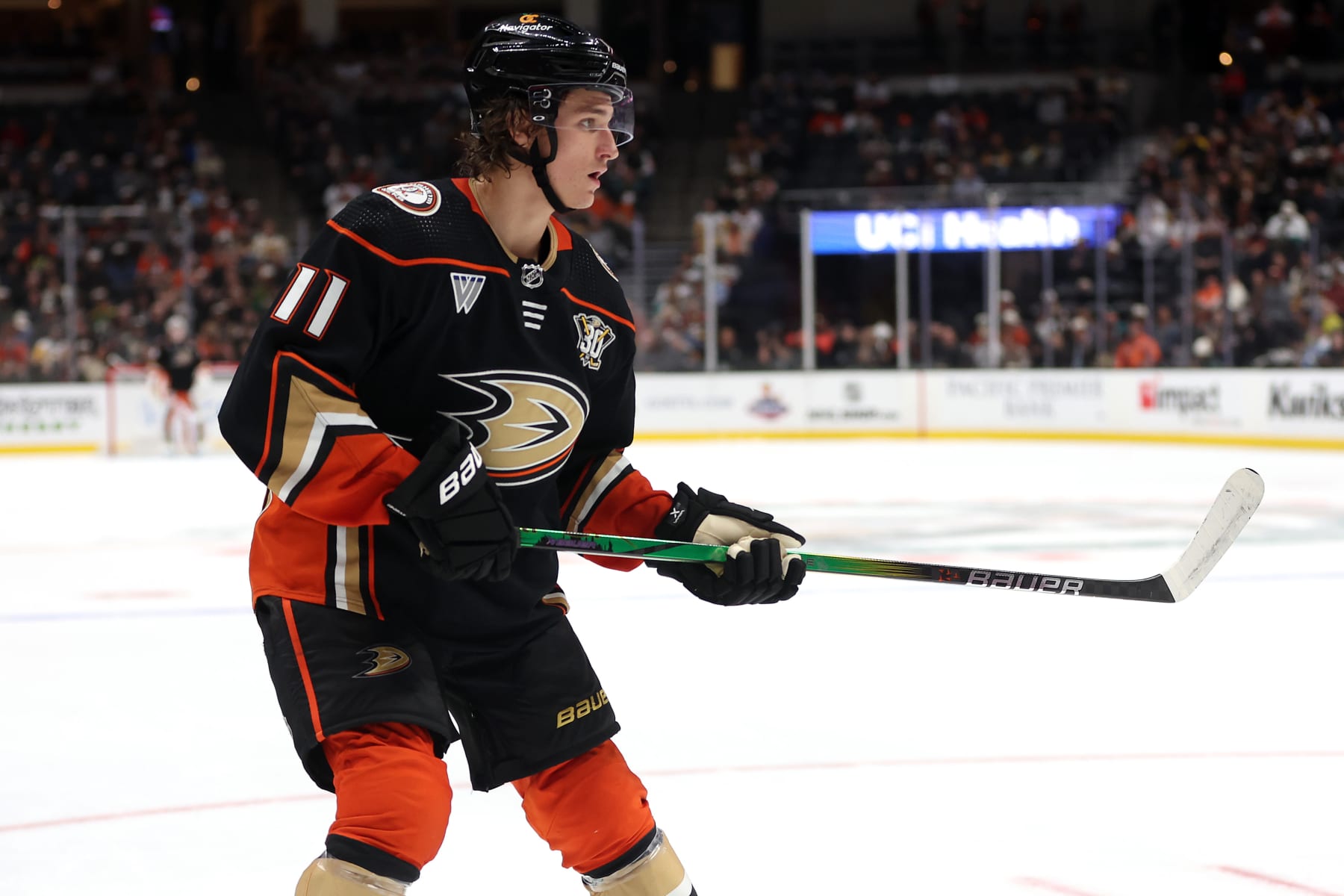 ANAHEIM, CALIFORNIA - NOVEMBER 07: Trevor Zegras #11 of the Anaheim Ducks looks on during the first period of a game against the Pittsburgh Penguins at Honda Center on November 07, 2023 in Anaheim, California. (Photo by Sean M. Haffey/Getty Images)