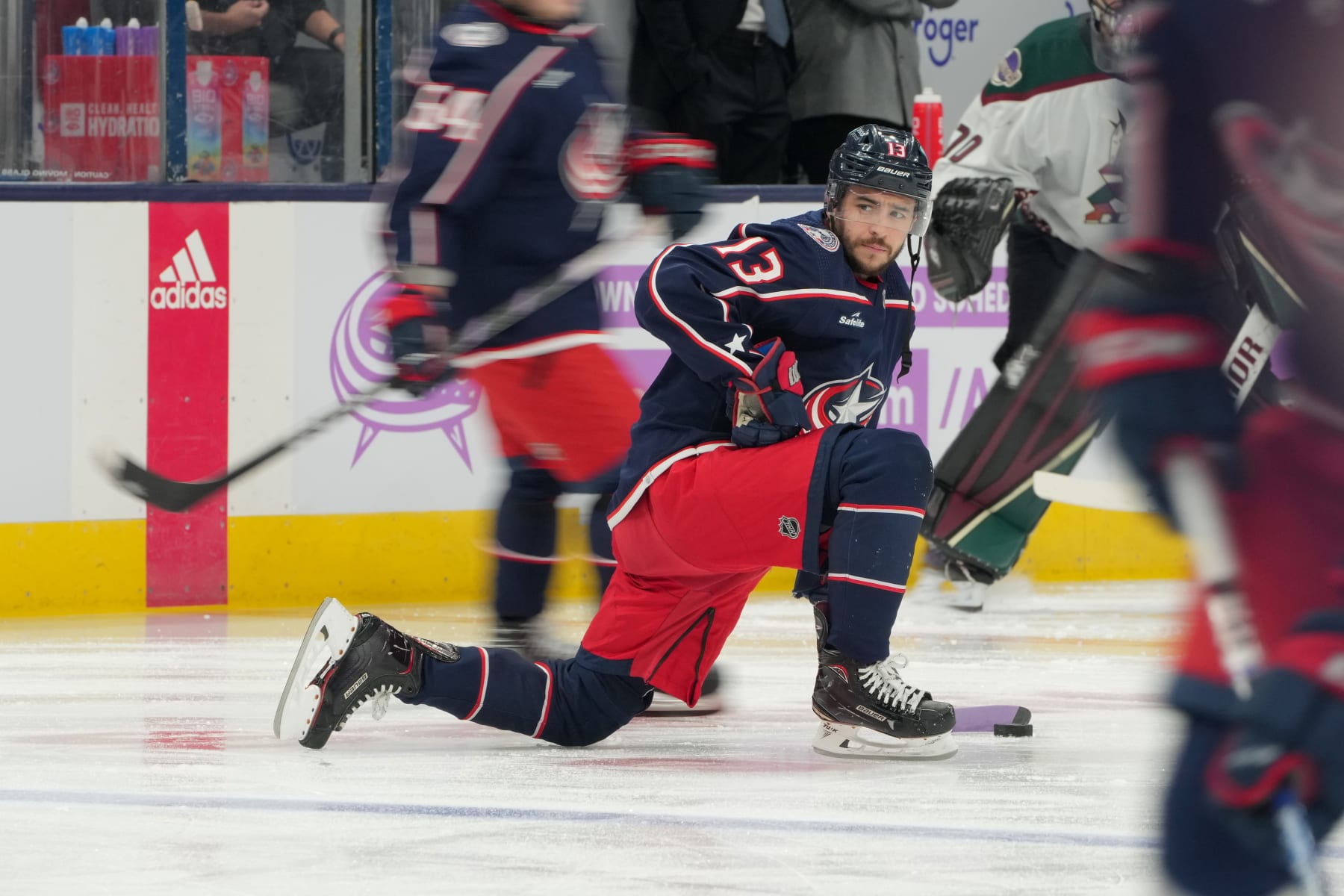 COLUMBUS, OHIO - NOVEMBER 16: Johnny Gaudreau #13 of the Columbus Blue Jackets warms up before a game against the Arizona Coyotes at Nationwide Arena on November 16, 2023 in Columbus, Ohio. (Photo by Jason Mowry/Getty Images)