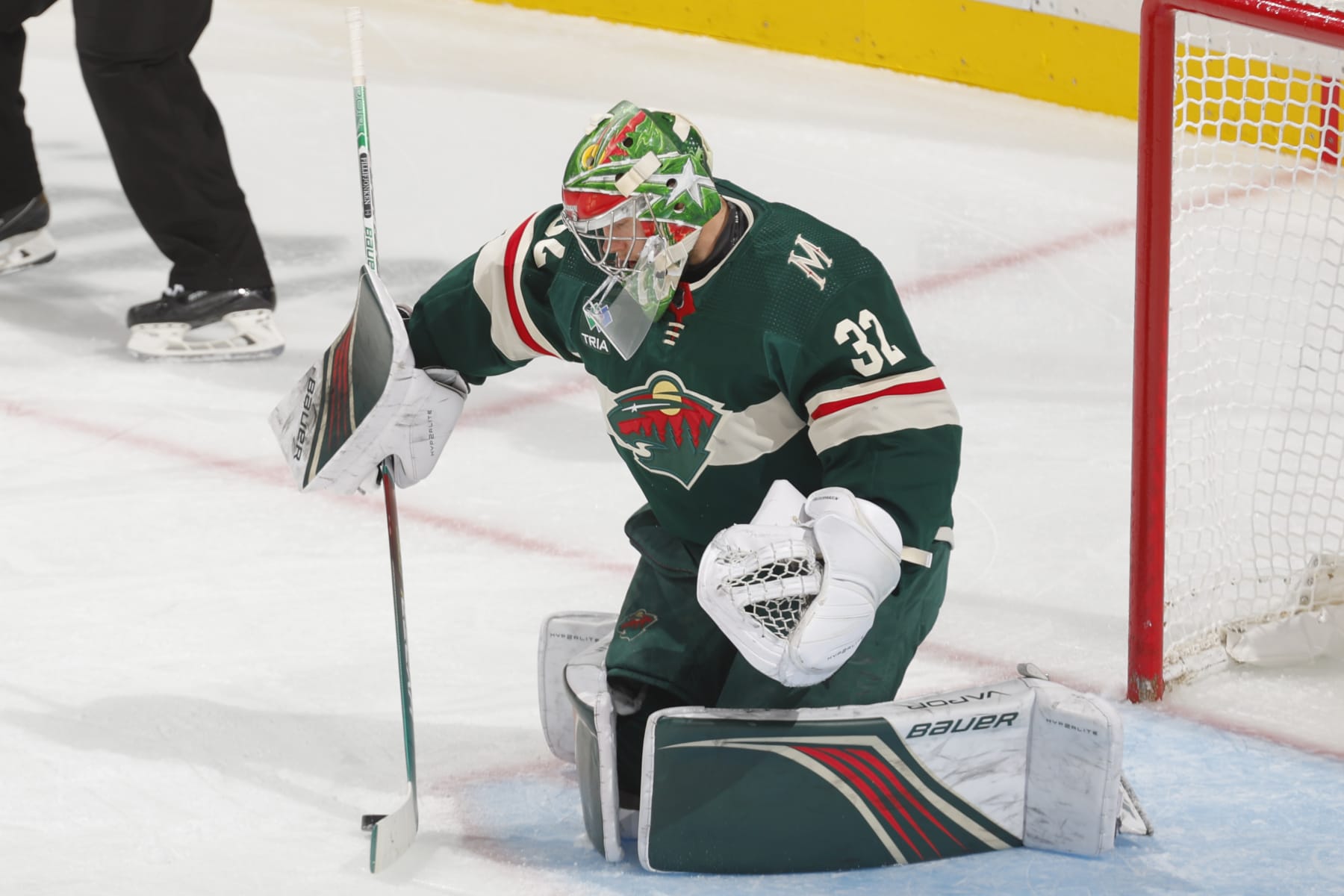 SAINT PAUL, MN - NOVEMBER 2: Filip Gustavsson #32 of the Minnesota Wild makes a save against the New Jersey Devils during the game at the Xcel Energy Center on November 2, 2023 in Saint Paul, Minnesota. (Photo by Bruce Kluckhohn/NHLI via Getty Images)
