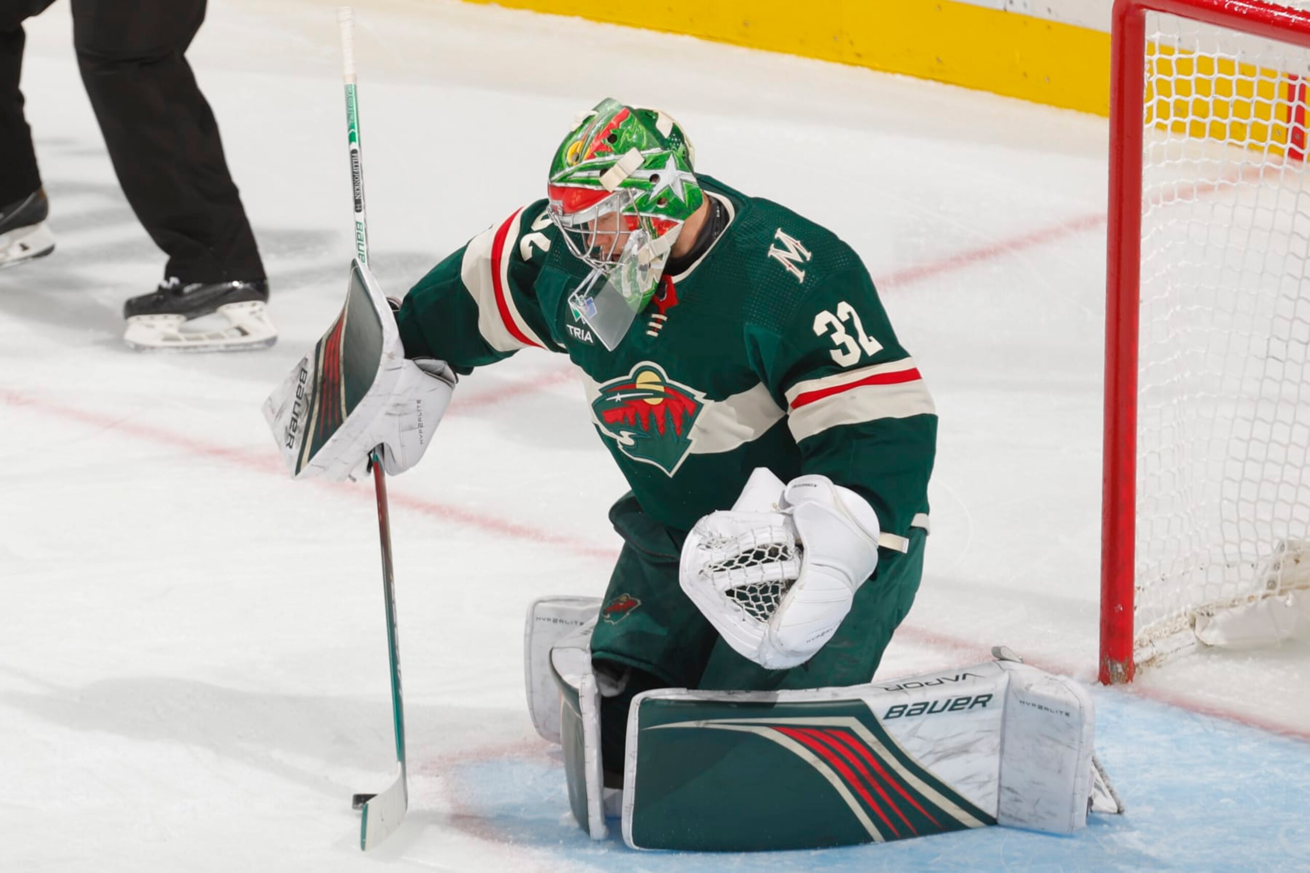 SAINT PAUL, MN - NOVEMBER 2: Filip Gustavsson #32 of the Minnesota Wild makes a save against the New Jersey Devils during the game at the Xcel Energy Center on November 2, 2023 in Saint Paul, Minnesota. (Photo by Bruce Kluckhohn/NHLI via Getty Images)