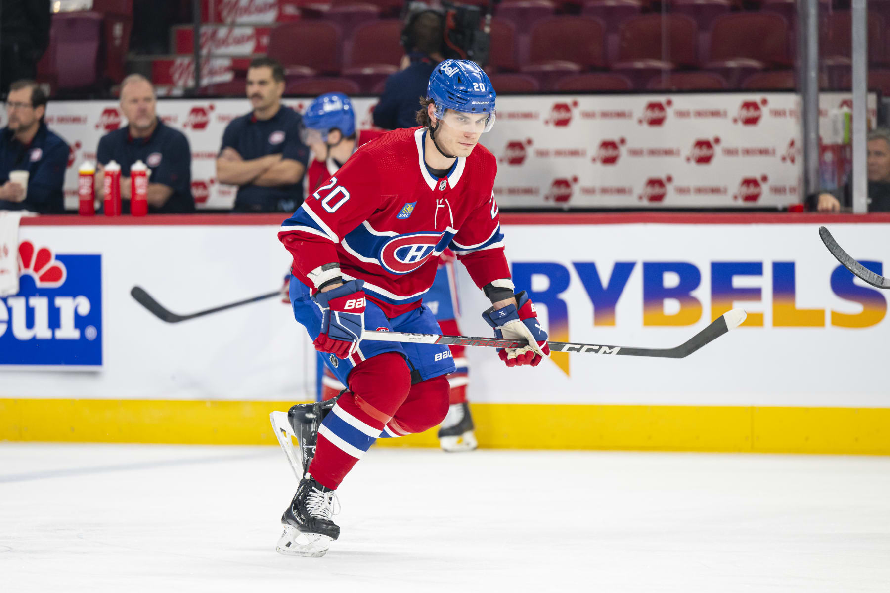 MONTREAL, CANADA - NOVEMBER 16: Juraj Slafkovsky #20 of the Montreal Canadiens skates during the warm-up of the NHL regular season game between the Montreal Canadiens and the Vegas Golden Knights at the Bell Centre on November 16, 2023 in Montreal, Quebec, Canada. (Photo by Matt Garies/NHLI via Getty Images)