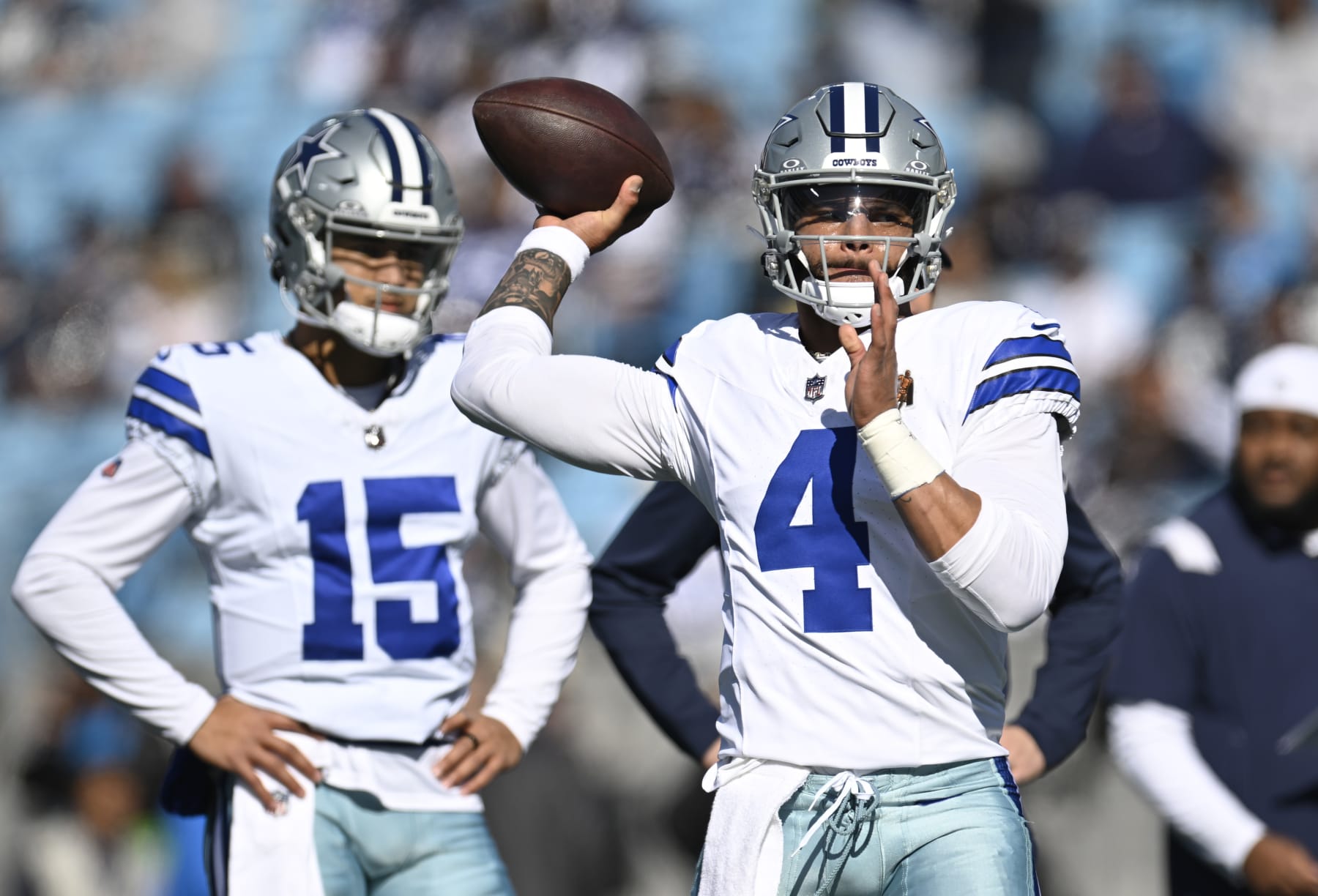 CHARLOTTE, NORTH CAROLINA - NOVEMBER 19: Dak Prescott #4 of the Dallas Cowboys warms up prior to the game against the Carolina Panthers at Bank of America Stadium on November 19, 2023 in Charlotte, North Carolina. (Photo by Eakin Howard/Getty Images)
