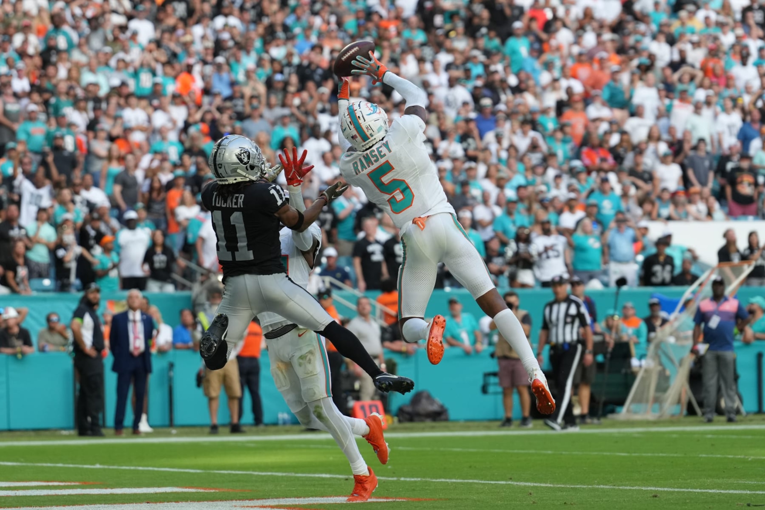 Jalen Ramsey picks off a pass intended for Tre Tucker