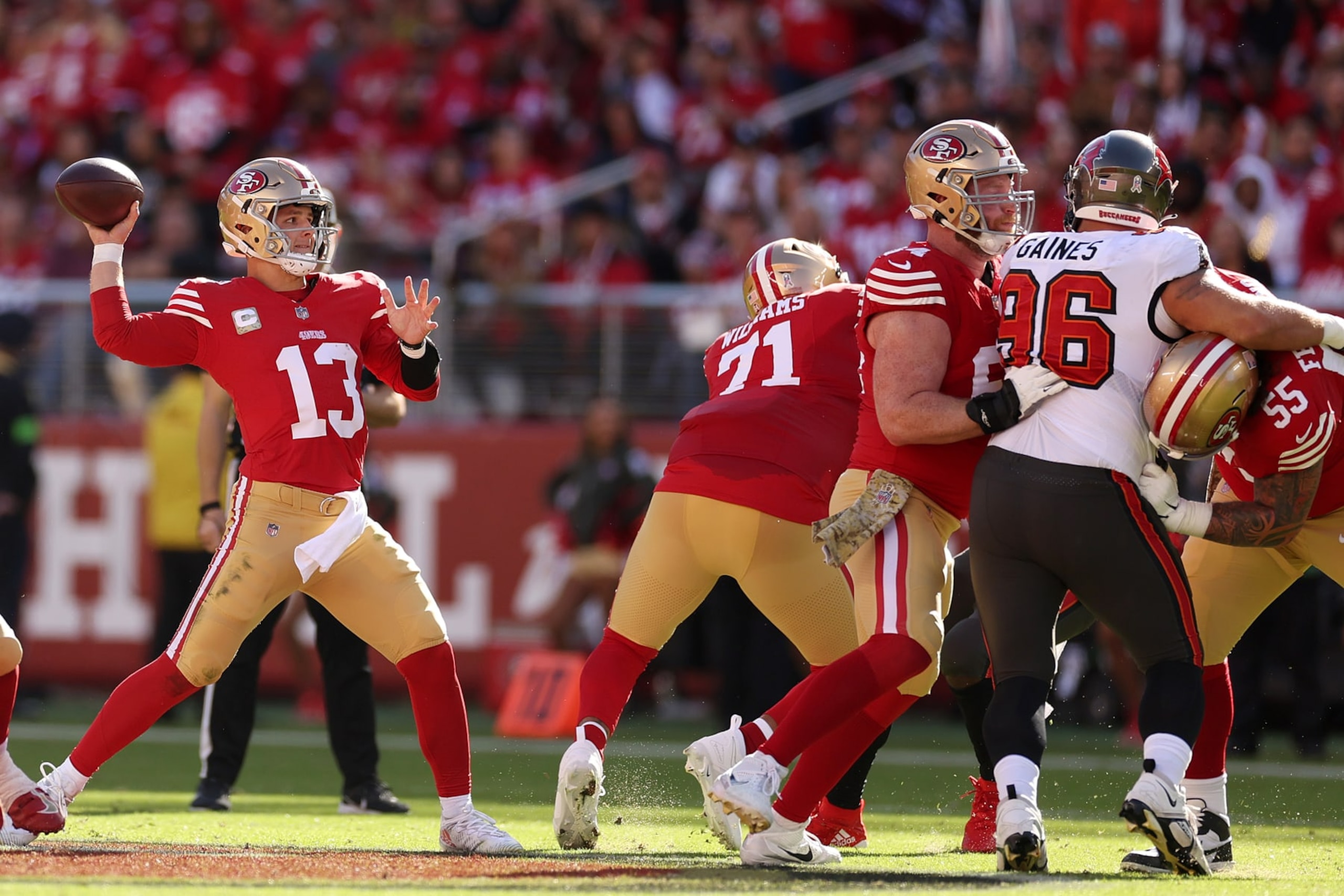 SANTA CLARA, CALIFORNIA - NOVEMBER 19: Brock Purdy #13 of the San Francisco 49ers throws a pass during the first quarter of a game against the Tampa Bay Buccaneers at Levi's Stadium on November 19, 2023 in Santa Clara, California. (Photo by Ezra Shaw/Getty Images)