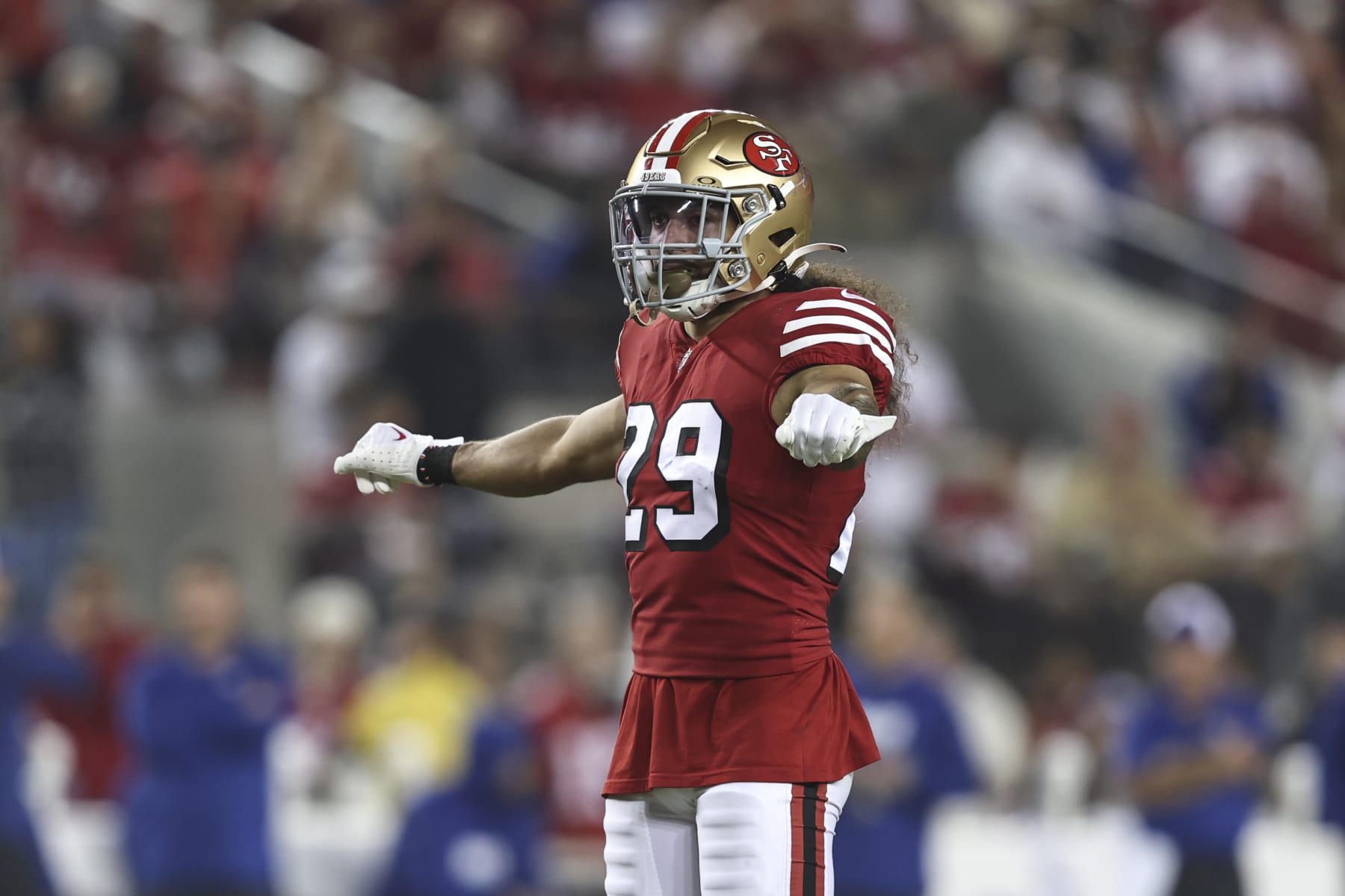 SANTA CLARA, CALIFORNIA - SEPTEMBER 21: Talanoa Hufanga #29 of the San Francisco 49ers reacts during an NFL football game between the San Francisco 49ers and the New York Giants at Levi's Stadium on September 21, 2023 in Santa Clara, California. (Photo by Michael Owens/Getty Images)