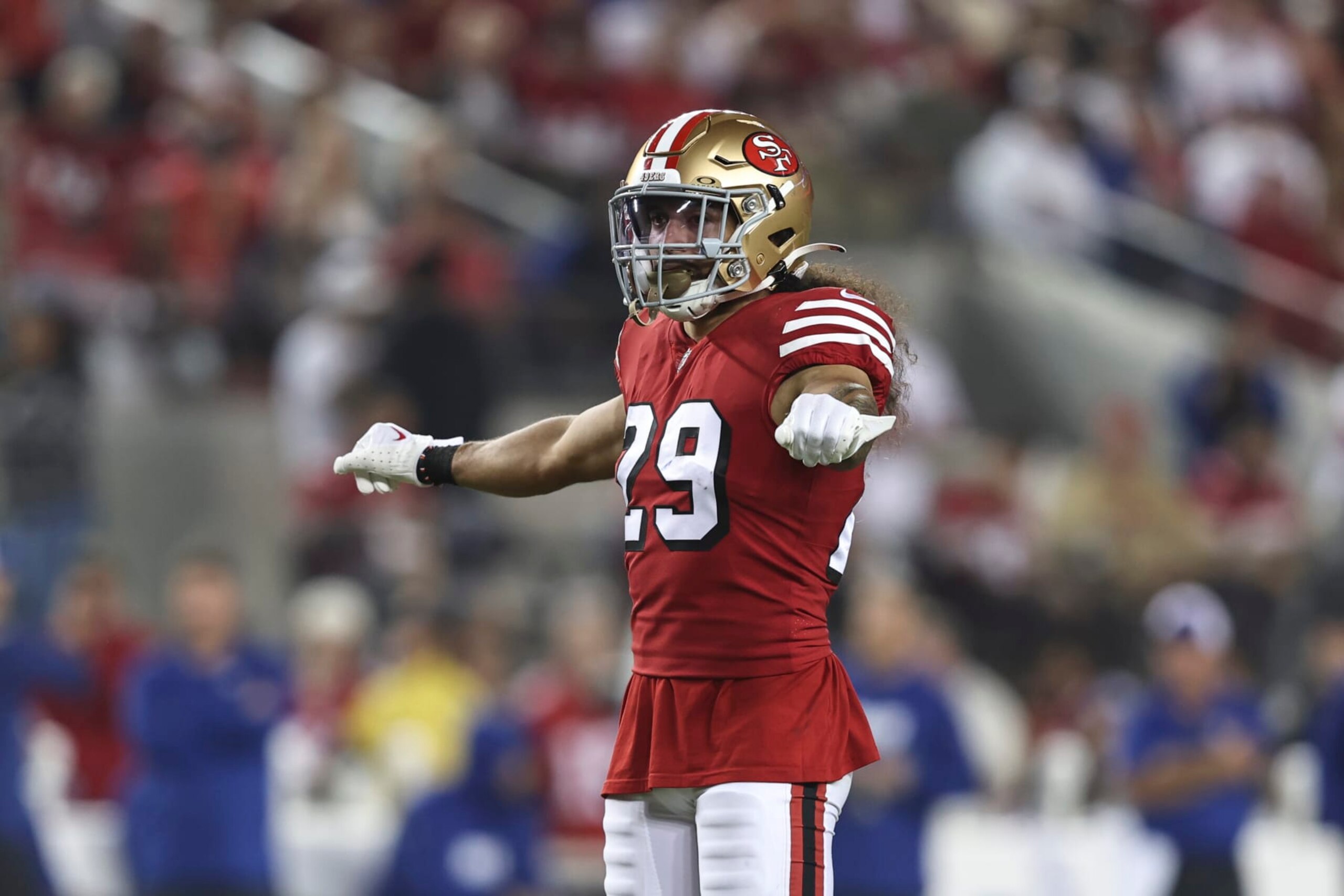 SANTA CLARA, CALIFORNIA - SEPTEMBER 21: Talanoa Hufanga #29 of the San Francisco 49ers reacts during an NFL football game between the San Francisco 49ers and the New York Giants at Levi's Stadium on September 21, 2023 in Santa Clara, California. (Photo by Michael Owens/Getty Images)