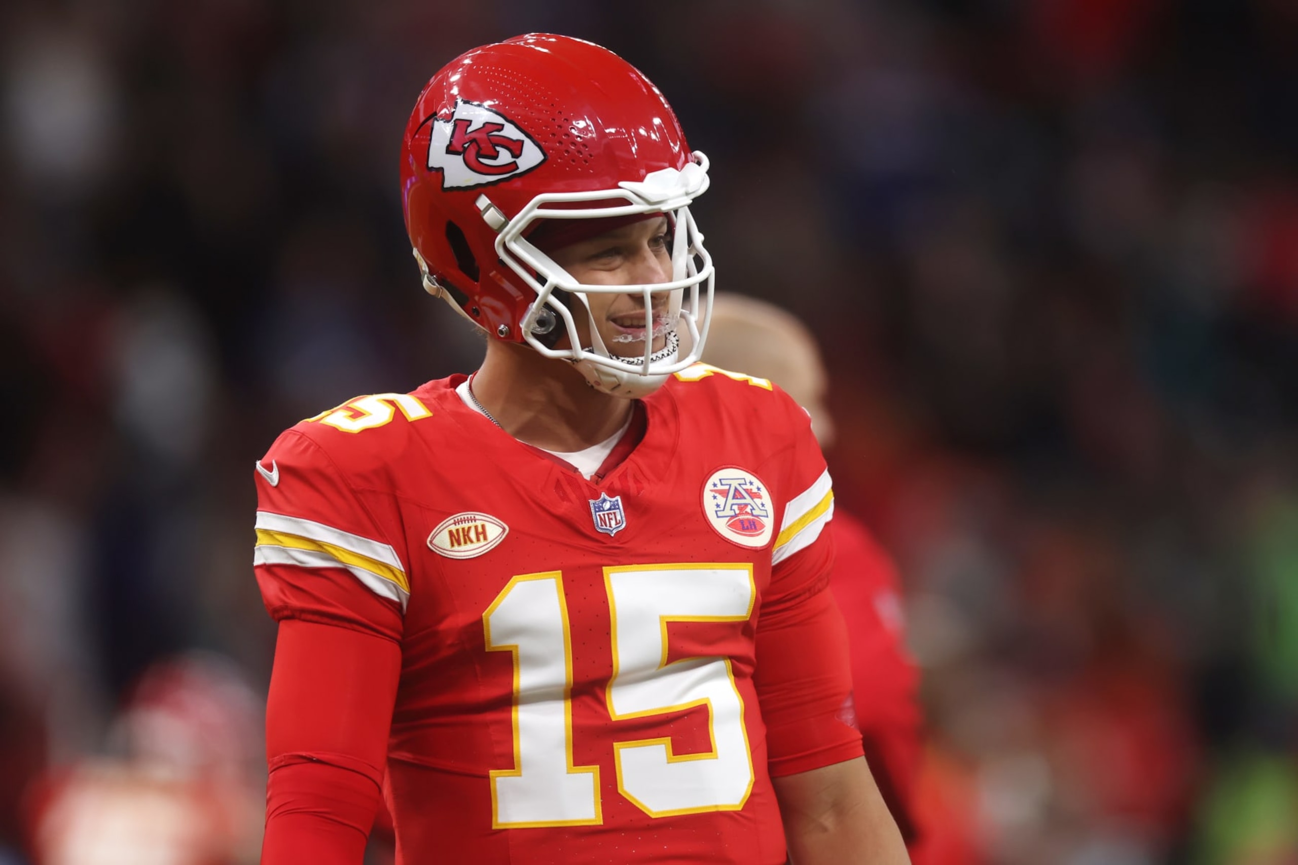 FRANKFURT AM MAIN, GERMANY - NOVEMBER 05: Patrick Mahomes #15 of the Kansas City Chiefs looks on during his warm up prior to the NFL match between Miami Dolphins and Kansas City Chiefs at Deutsche Bank Park on November 05, 2023 in Frankfurt am Main, Germany. (Photo by Alex Grimm/Getty Images)